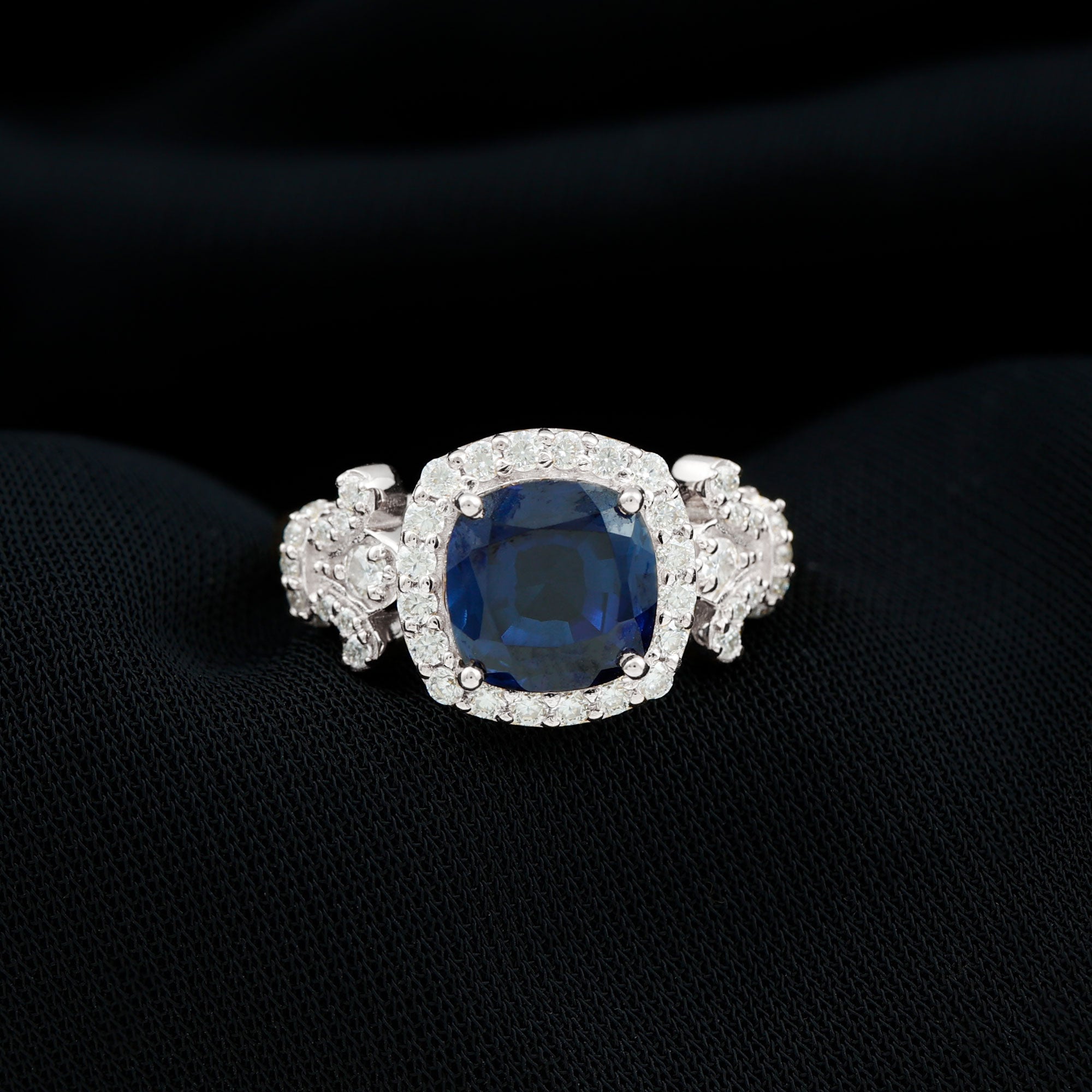 3.5 CT Cushion Cut Created Blue Sapphire Engagement Ring with Diamond Accent Lab Created Blue Sapphire - ( AAAA ) - Quality - Rosec Jewels