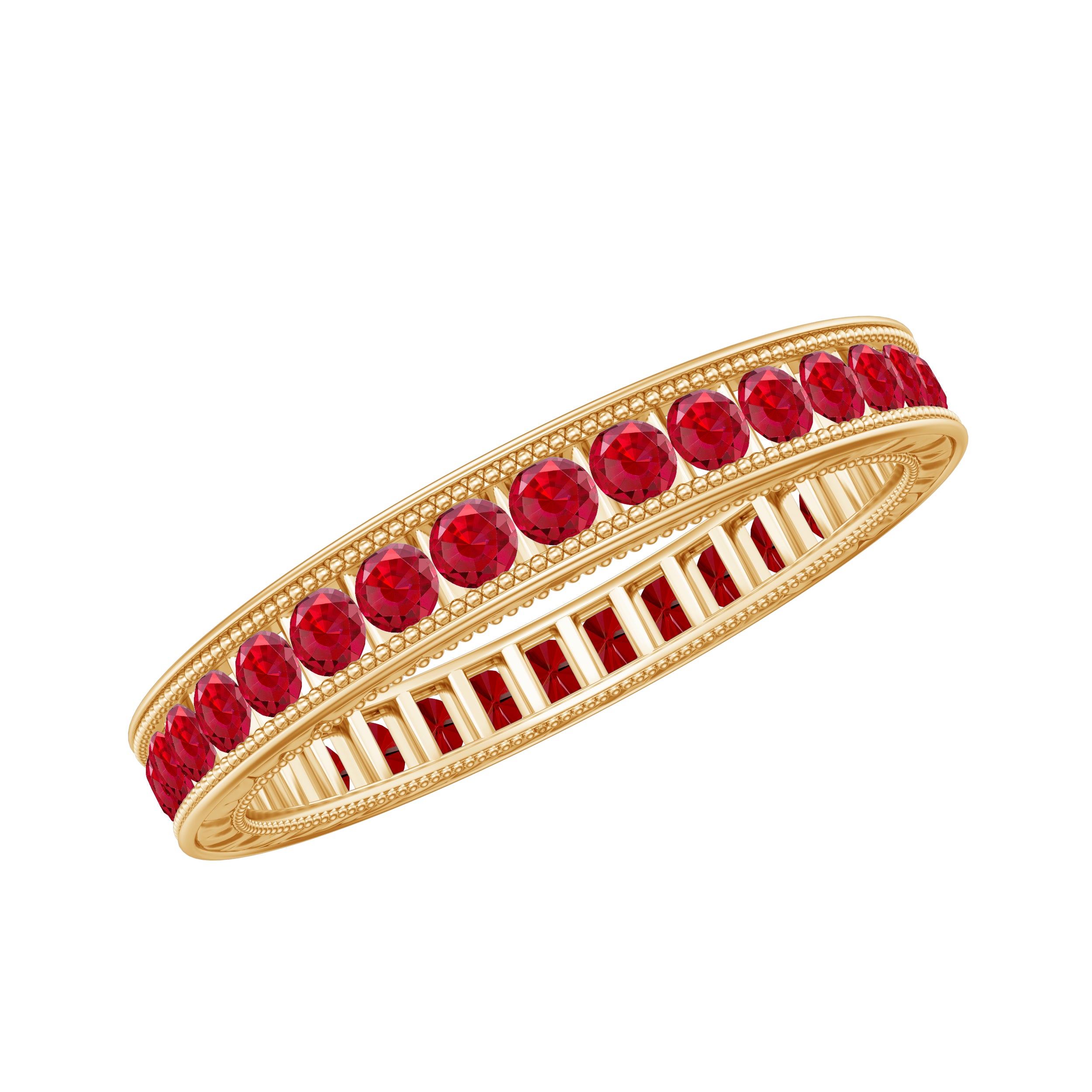 Channel Set Round Created Ruby Eternity Ring with Gold Beaded Lab Created Ruby - ( AAAA ) - Quality - Rosec Jewels