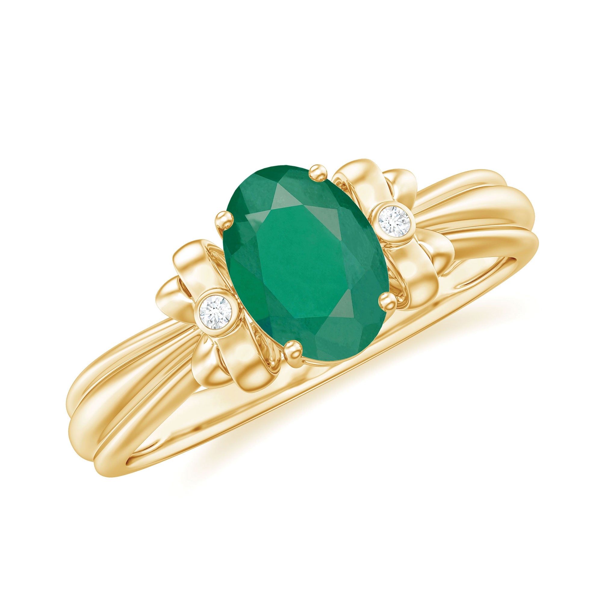 0.75 CT Oval Emerald Solitaire Floral Ring with Diamond Accent Emerald - ( AAA ) - Quality - Rosec Jewels