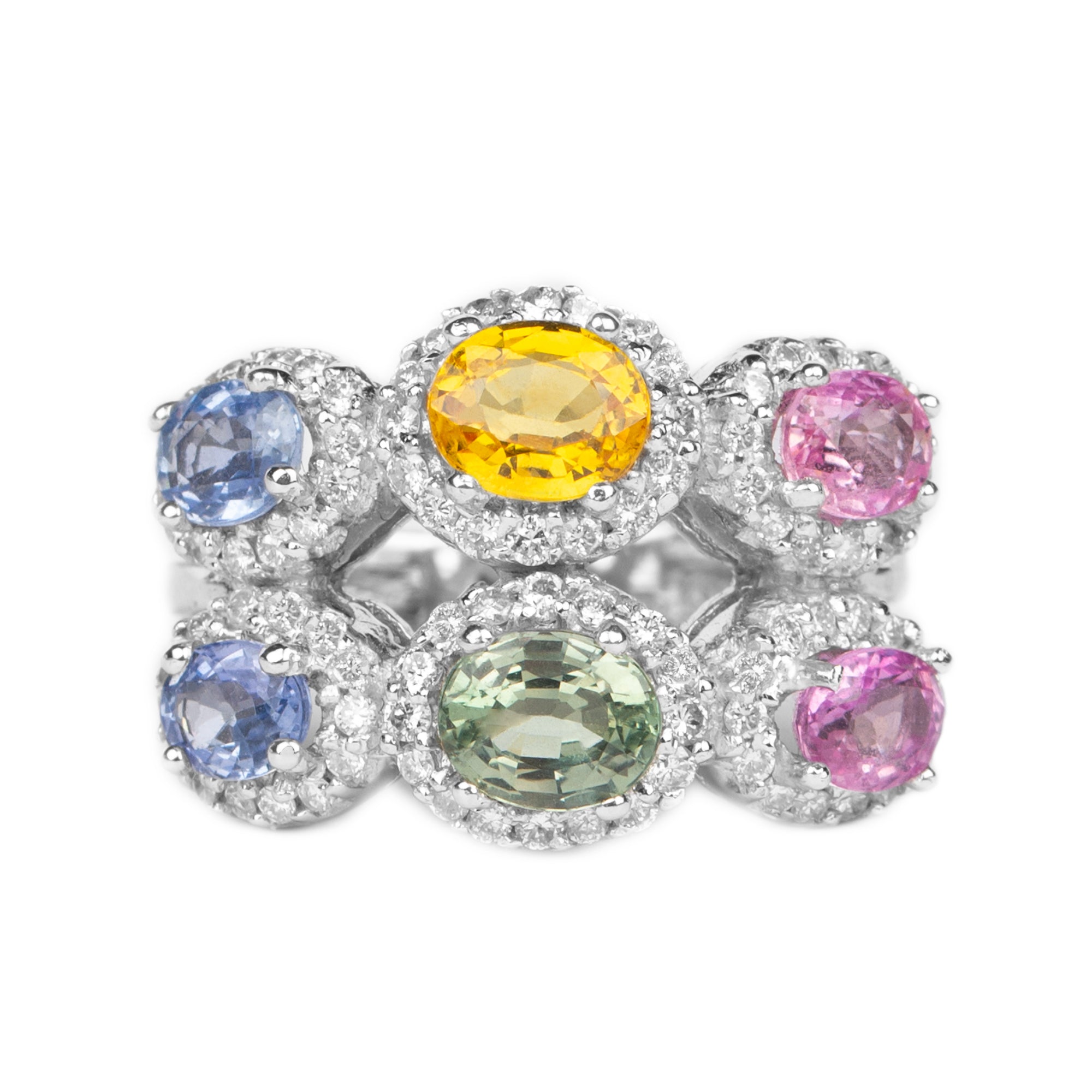 Multi Gemstone Cocktail Ring with Moissanite Lab Created Green Sapphire - ( AAAA ) - Quality - Rosec Jewels