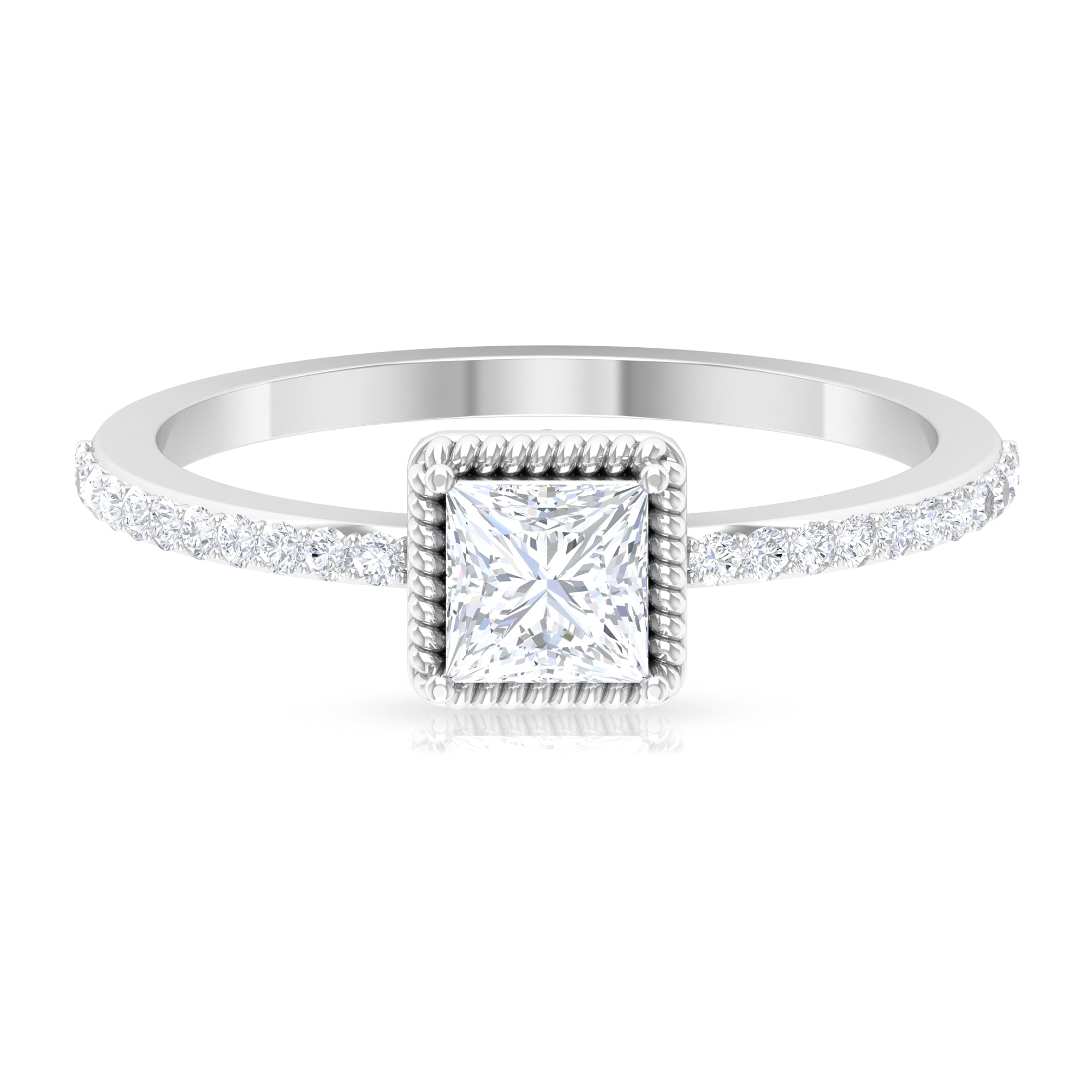 3/4 CT Princess Cut Zircon Solitaire Ring with Side Stones Zircon - ( AAAA ) - Quality - Rosec Jewels