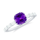 Asscher Amethyst Solitaire Engagement Ring with Diamond Amethyst - ( AAA ) - Quality - Rosec Jewels