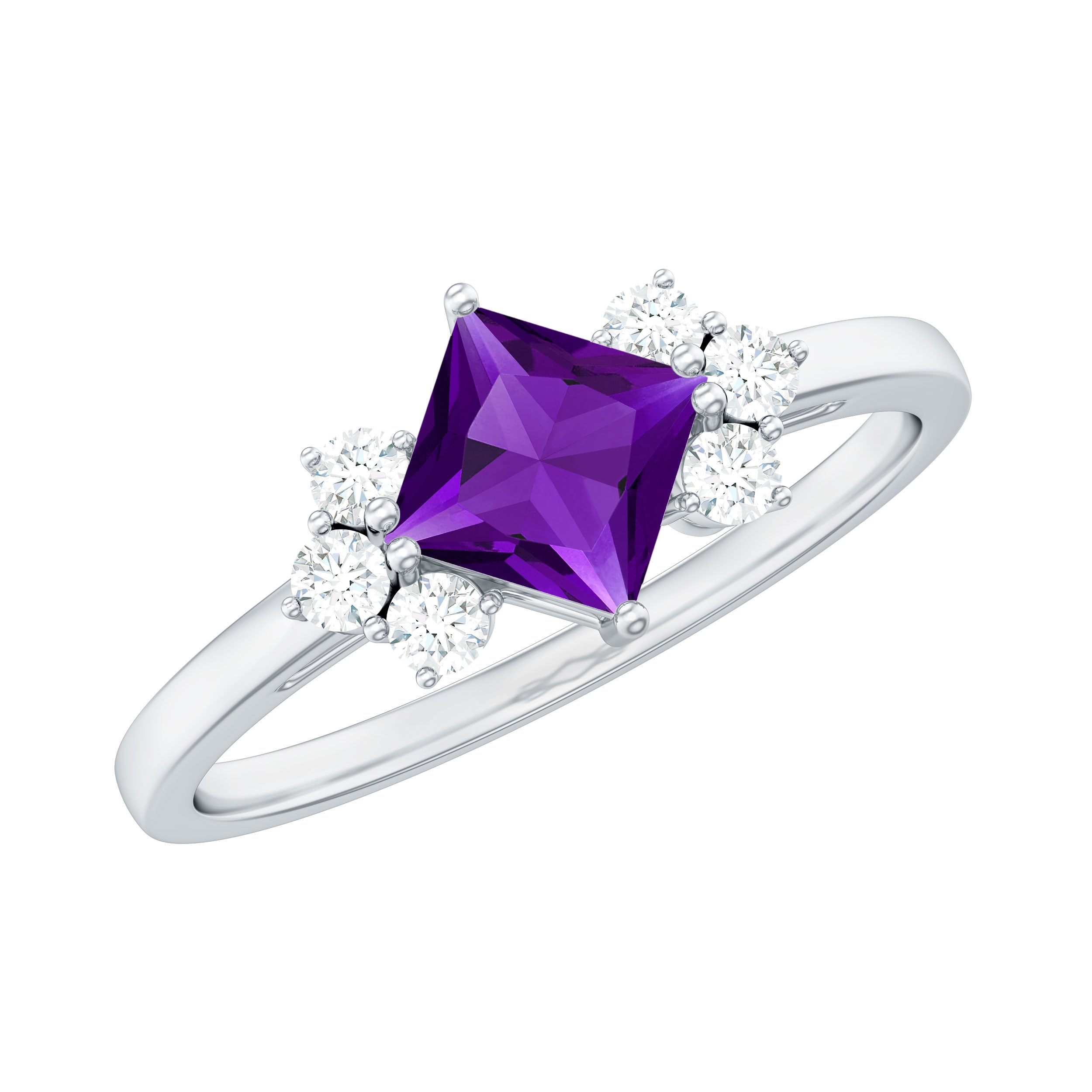 Princess Cut Amethyst Promise Ring with Diamond Trio Amethyst - ( AAA ) - Quality - Rosec Jewels