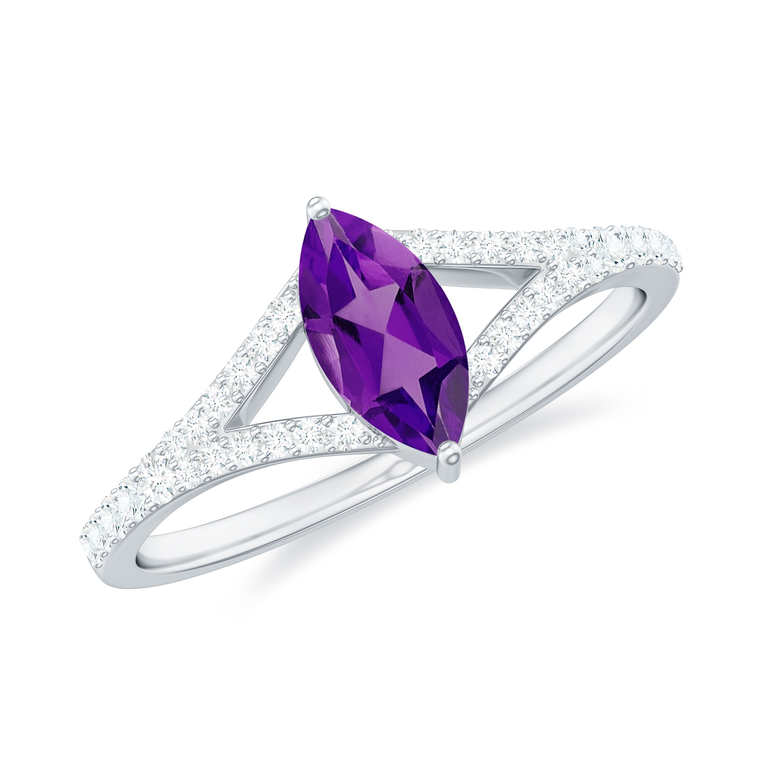 Marquise Amethyst Split Shank Engagement Ring with Diamond Amethyst - ( AAA ) - Quality - Rosec Jewels