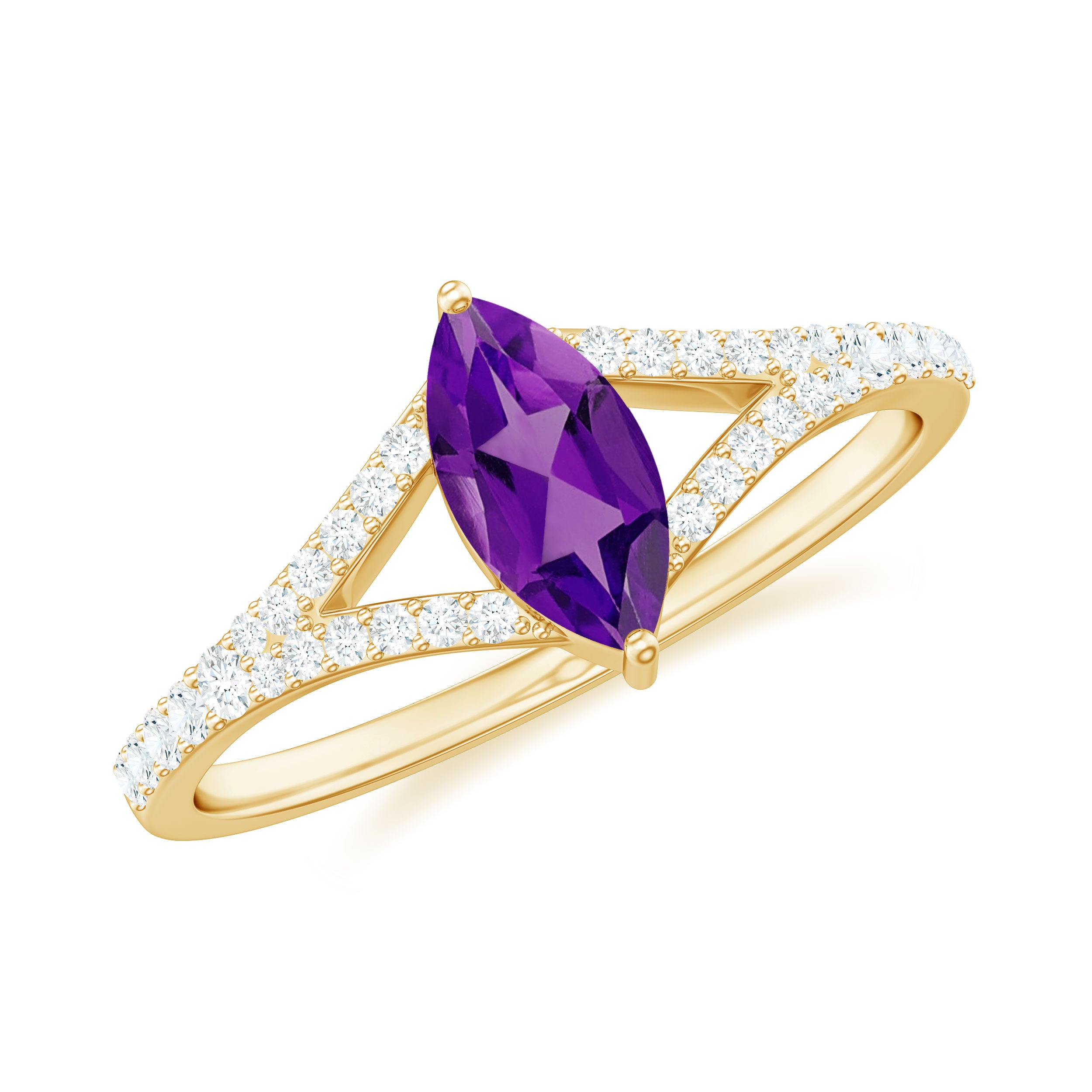 Marquise Amethyst Split Shank Engagement Ring with Diamond Amethyst - ( AAA ) - Quality - Rosec Jewels