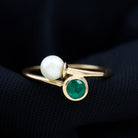 Toi et Moi Emerald and Freshwater Pearl Ring in Gold Emerald - ( AAA ) - Quality - Rosec Jewels