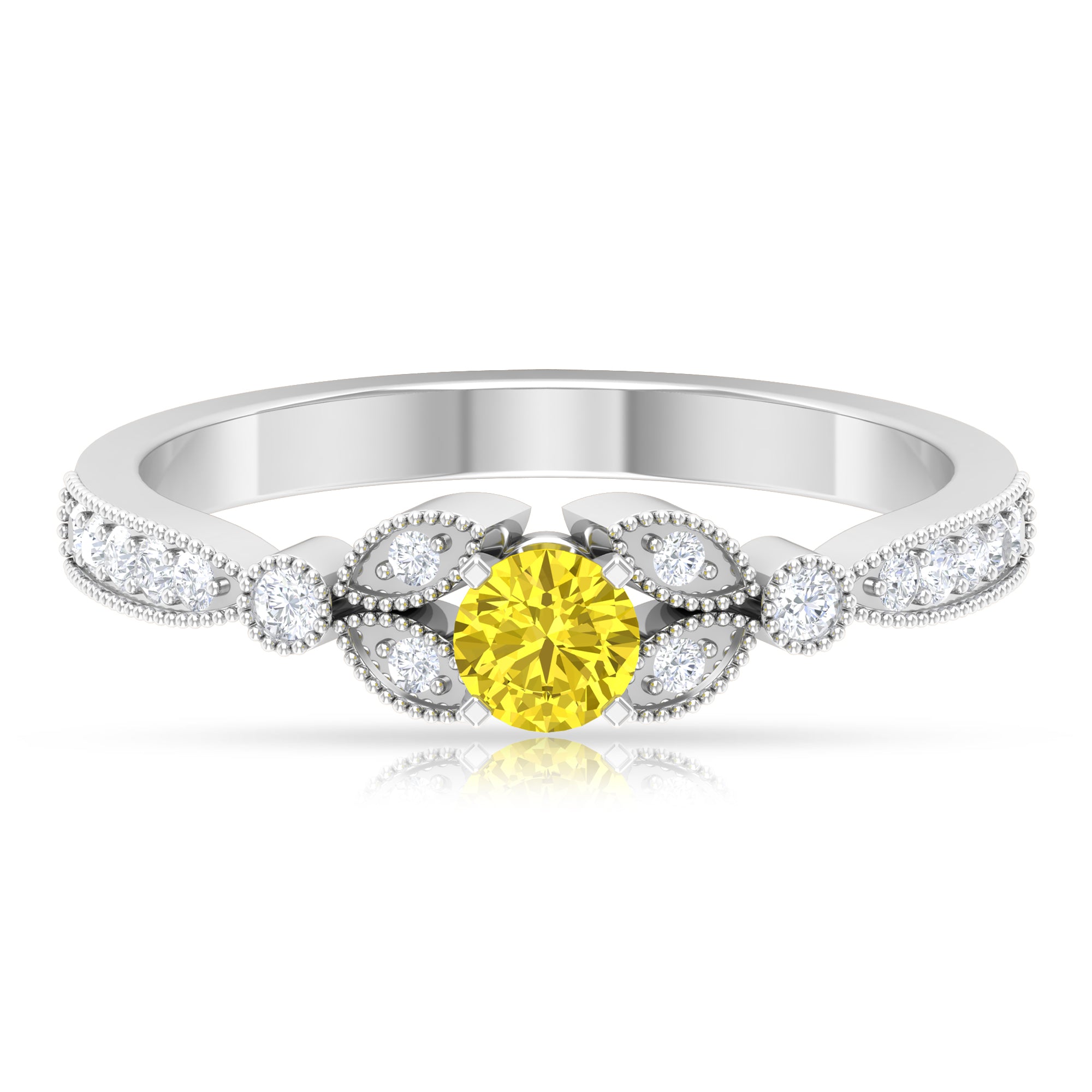 3/4 CT Solitaire Yellow Sapphire and Diamond Accent Milgrain Engagement Ring Yellow Sapphire - ( AAA ) - Quality - Rosec Jewels