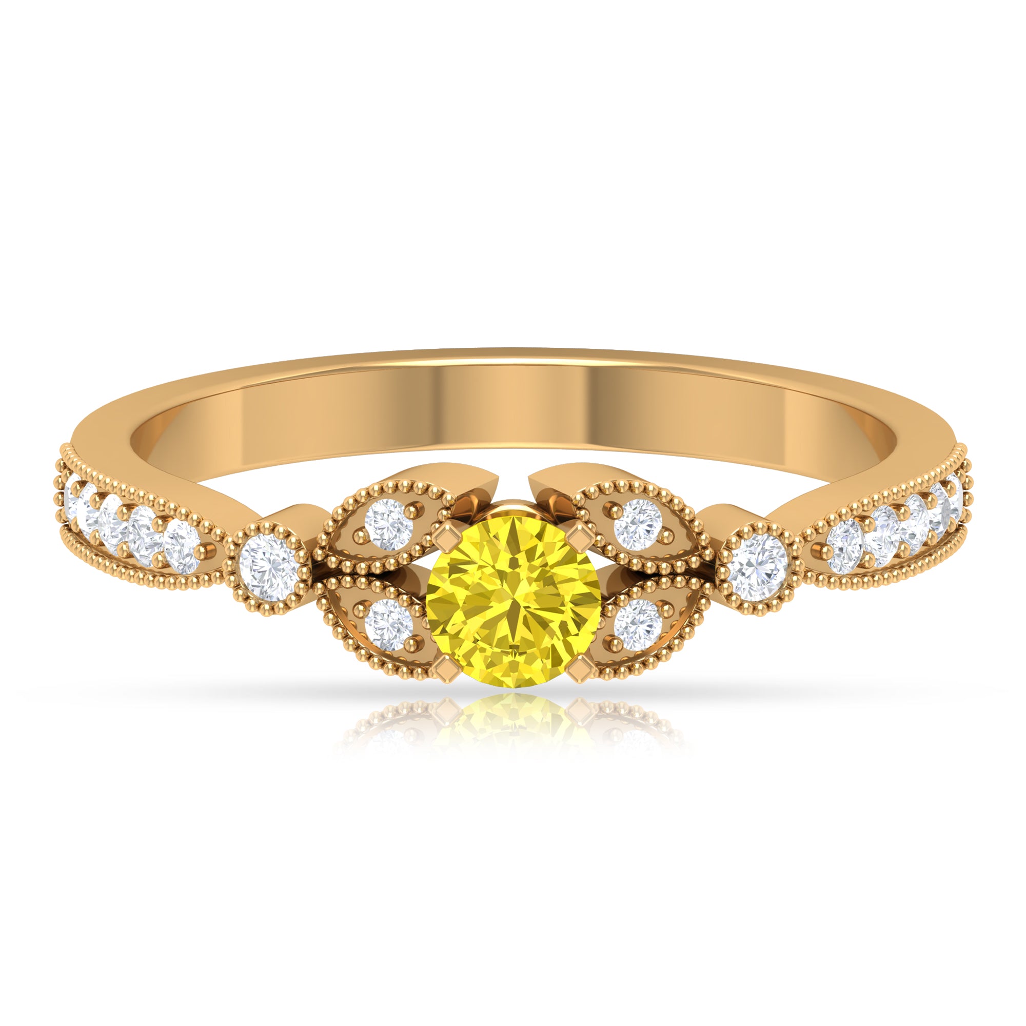 3/4 CT Solitaire Yellow Sapphire and Diamond Accent Milgrain Engagement Ring Yellow Sapphire - ( AAA ) - Quality - Rosec Jewels