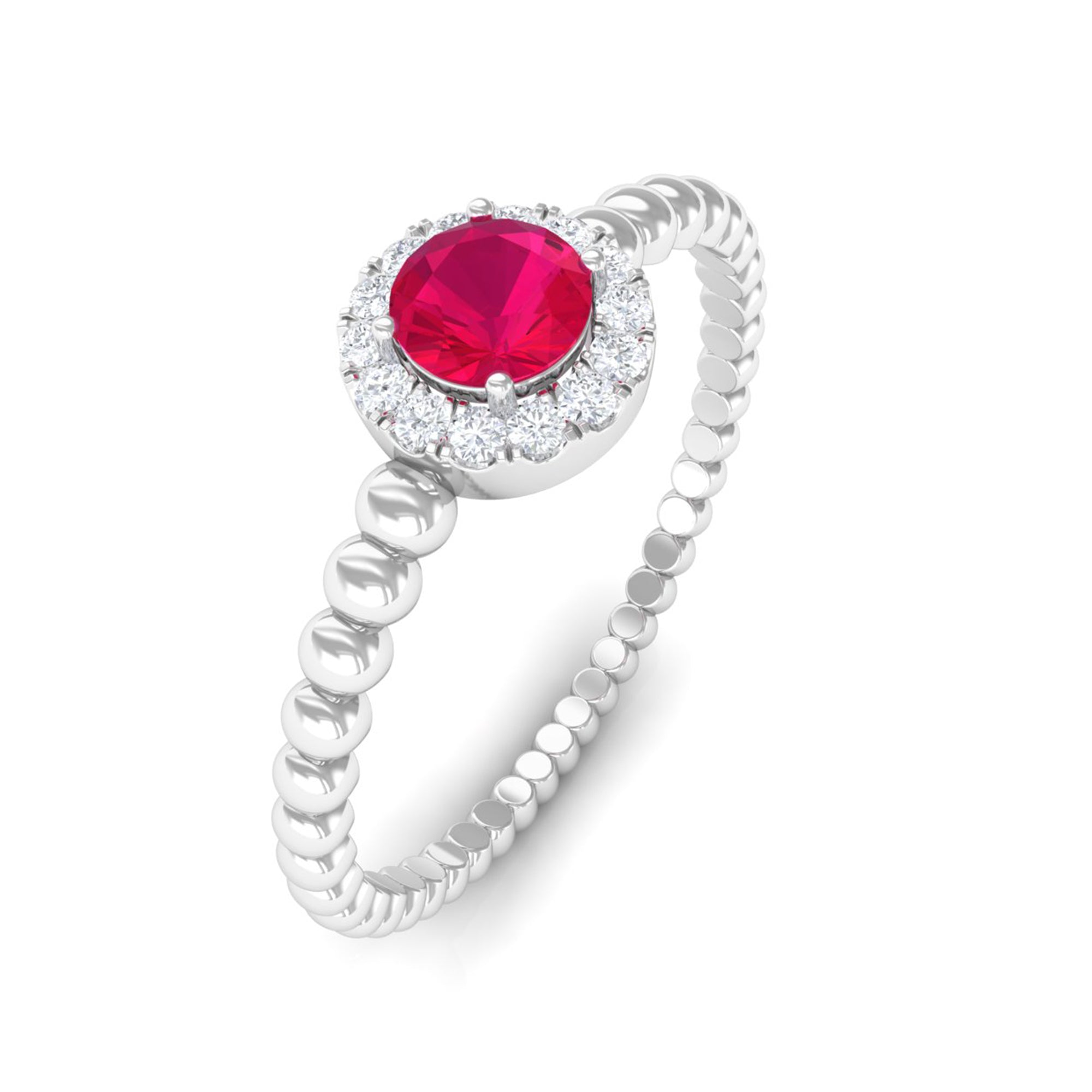 Ruby and Diamond Halo Engagement Ring with Bubble Shank Ruby - ( AAA ) - Quality - Rosec Jewels