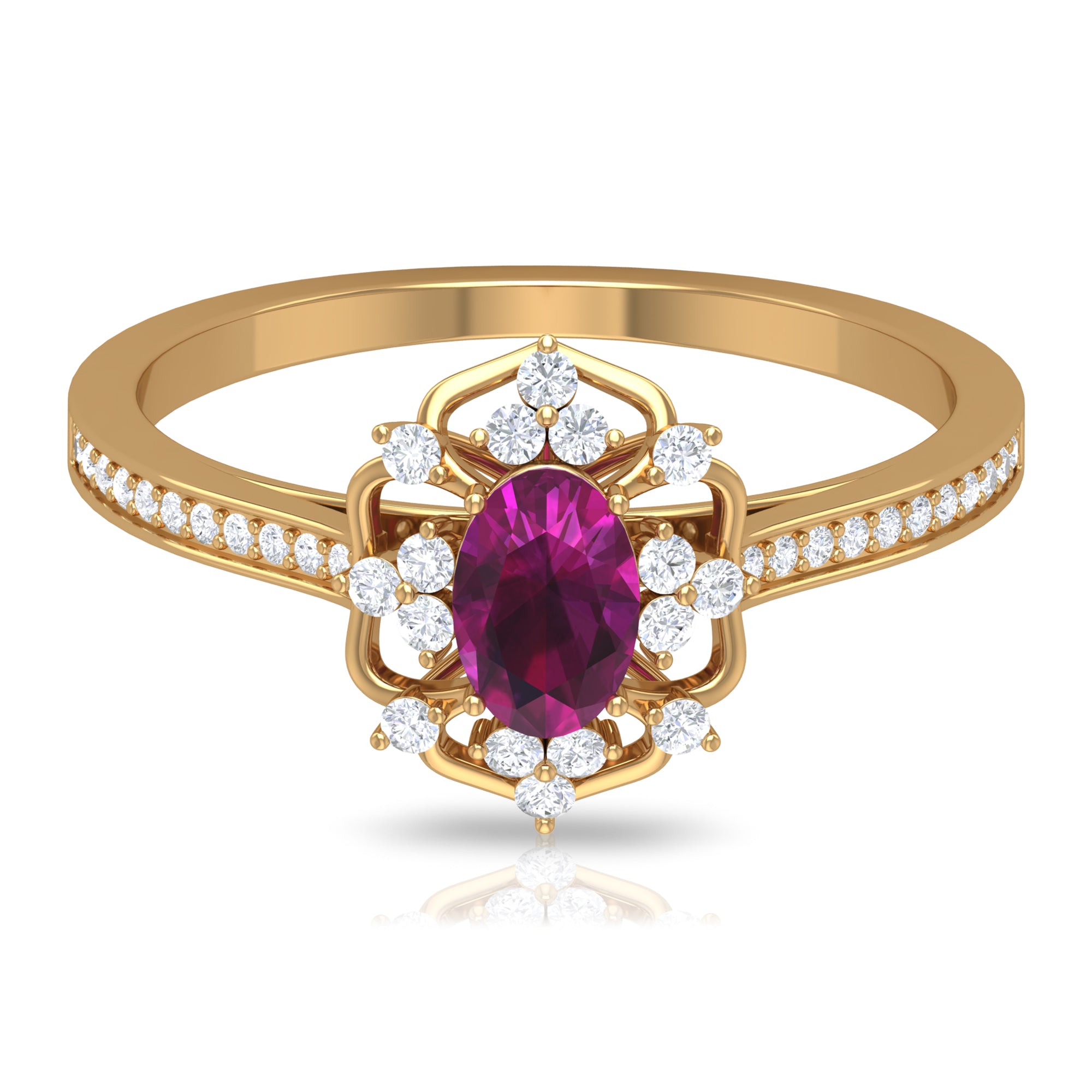 Vintage Style Rhodolite and Diamond Flower Engagement Ring Rhodolite - ( AAA ) - Quality - Rosec Jewels