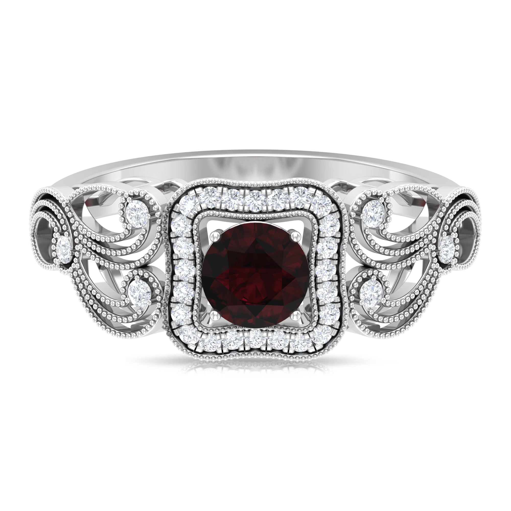 0.75 CT Garnet and Diamond Art Deco Engagement Ring with Milgrain Details Garnet - ( AAA ) - Quality - Rosec Jewels