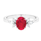 2 CT Claw Set Oval Created Ruby Solitaire and Marquise Diamond Trio Ring Lab Created Ruby - ( AAAA ) - Quality - Rosec Jewels