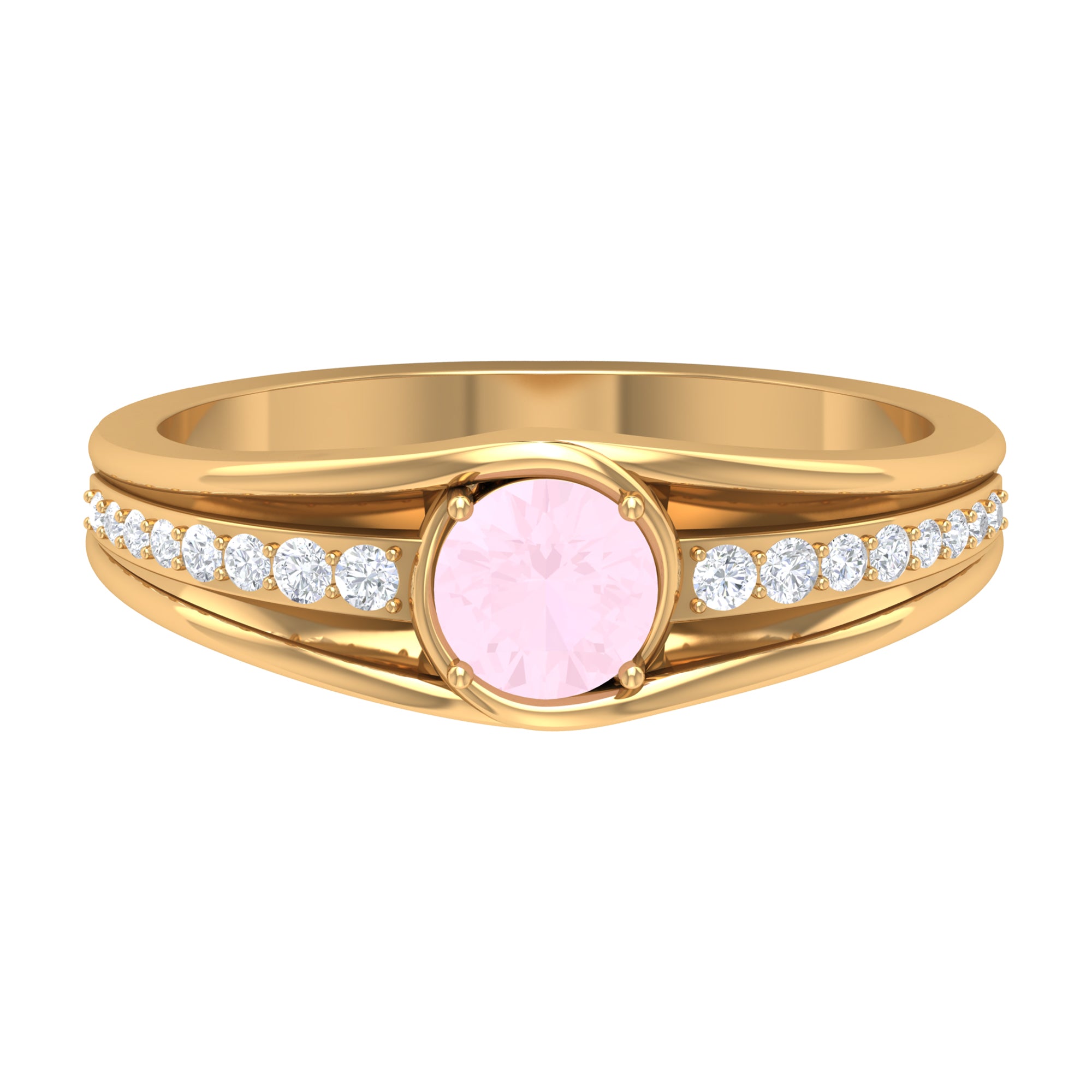 3/4 CT Round Shape Rose Quartz Solitaire Ring with Diamond Side Stones Rose Quartz - ( AAA ) - Quality - Rosec Jewels