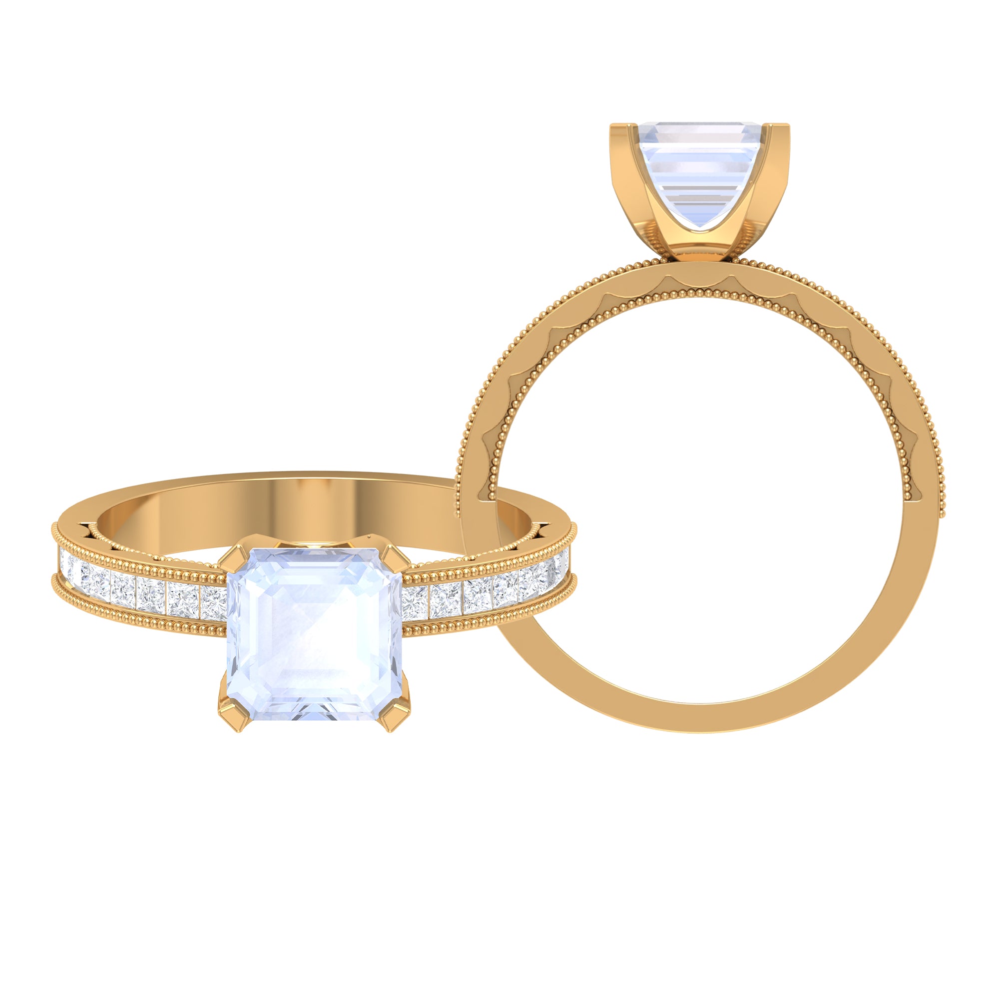 4.50 CT Milgrain Moonstone Engagement Ring with Diamond Side Stones Moonstone - ( AAA ) - Quality - Rosec Jewels