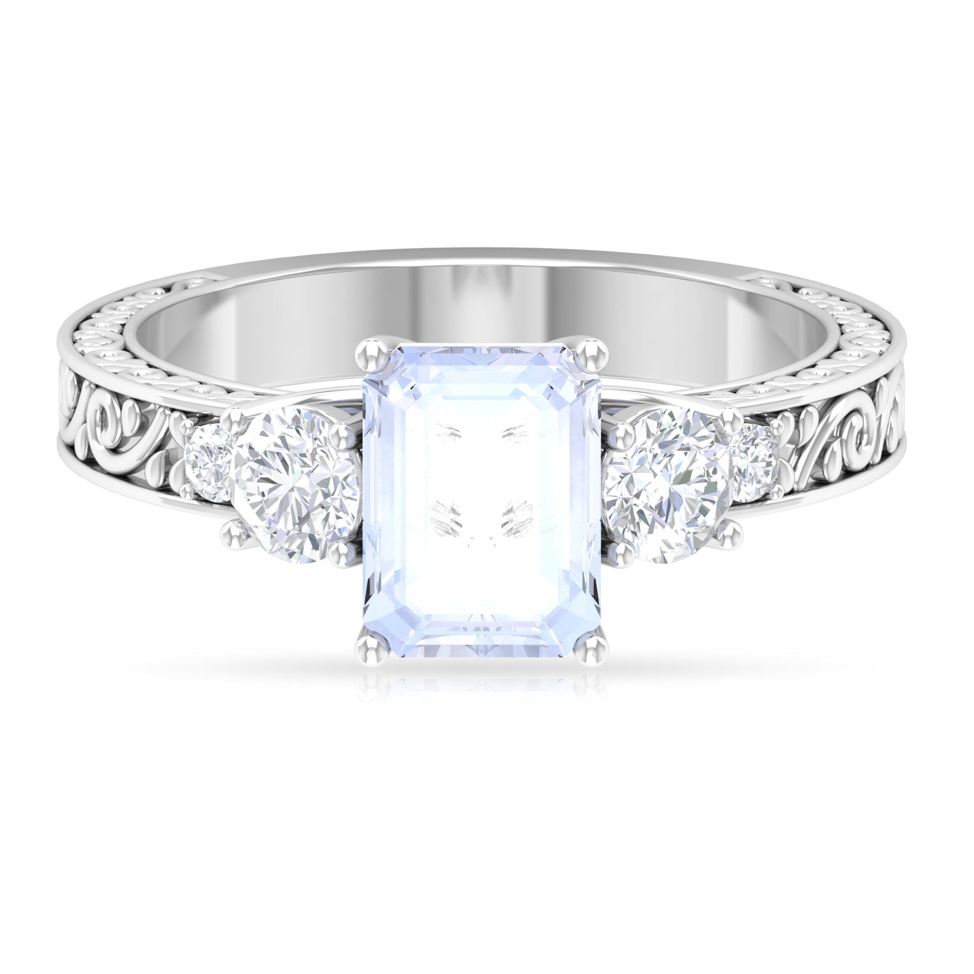 Octagon Cut Moonstone Engagement Ring with Moissanite Moonstone - ( AAA ) - Quality - Rosec Jewels