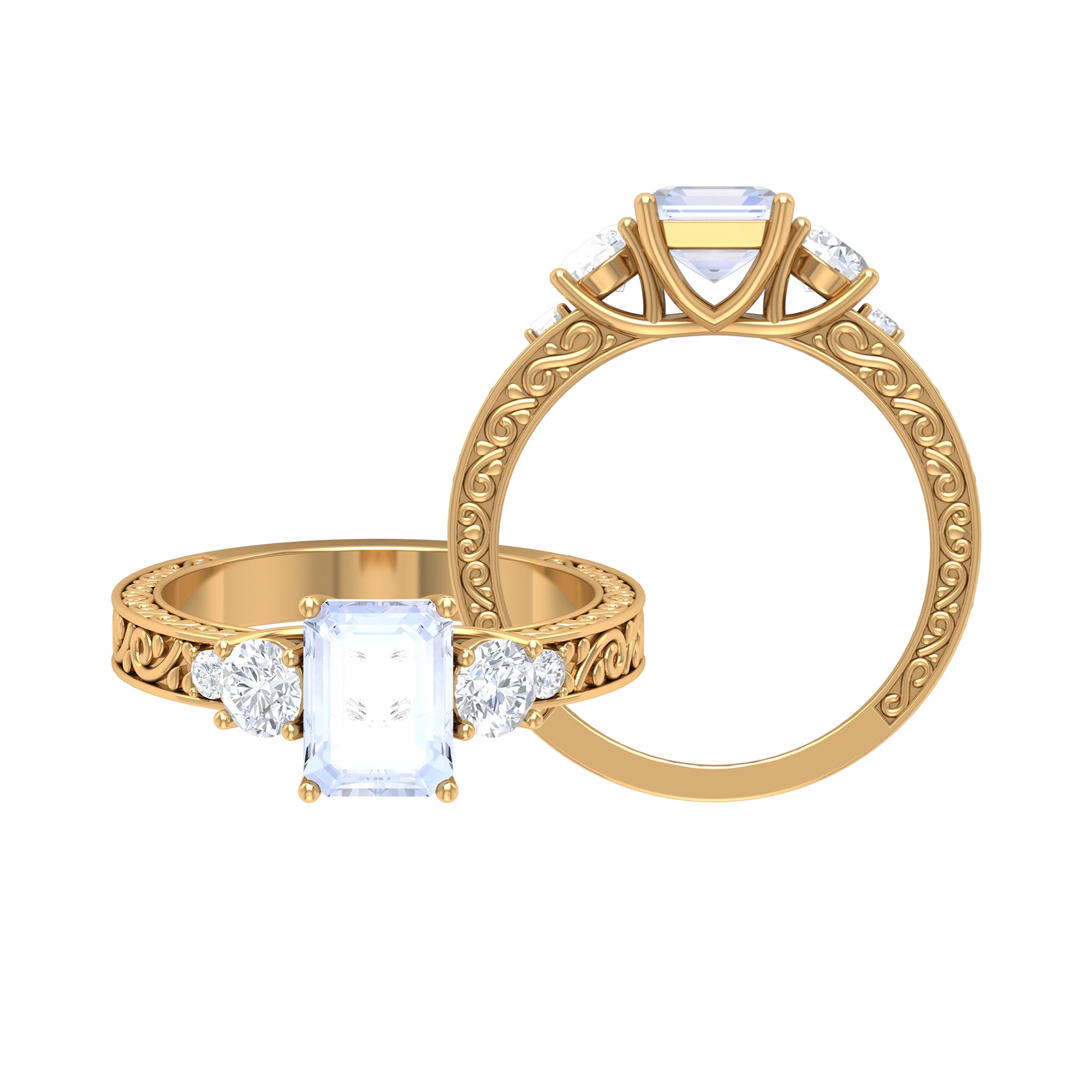 Octagon Cut Moonstone Engagement Ring with Moissanite Moonstone - ( AAA ) - Quality - Rosec Jewels