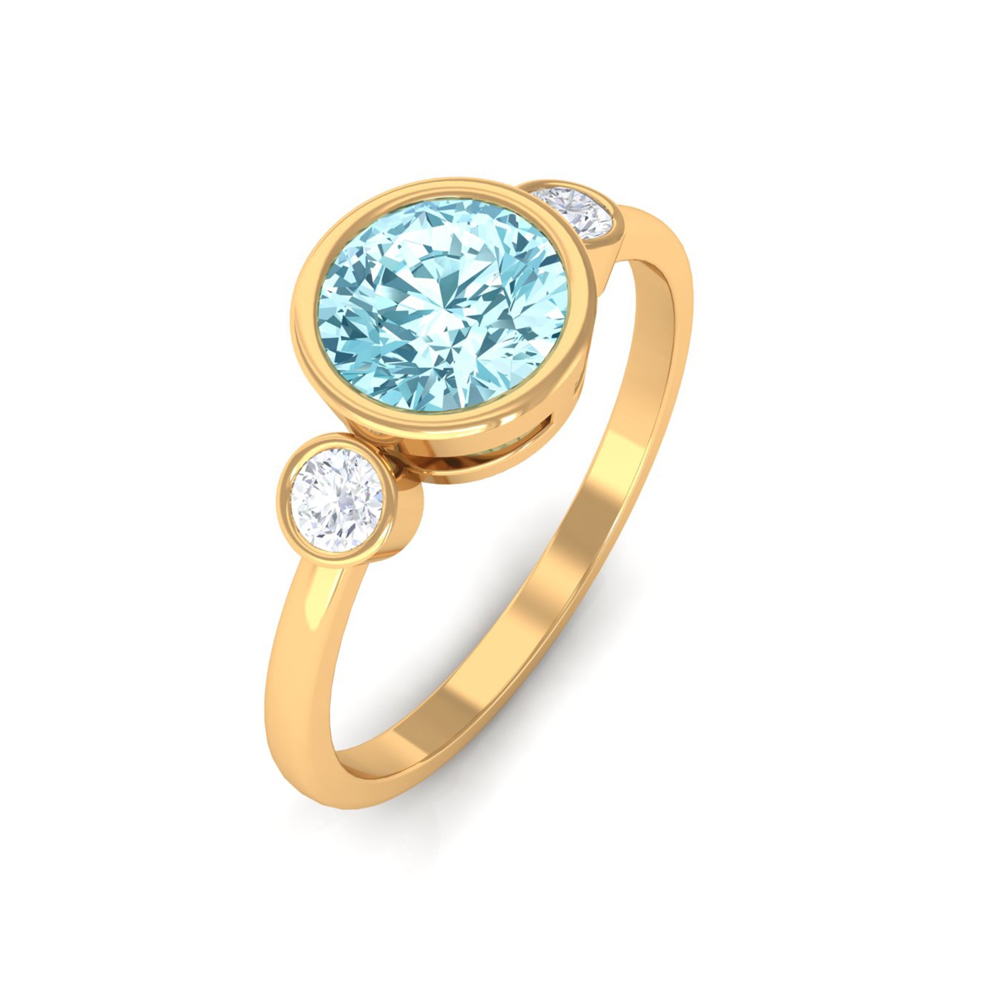 Bezel Set Aquamarine Solitaire Engagement Ring with Diamond Aquamarine - ( AAA ) - Quality - Rosec Jewels