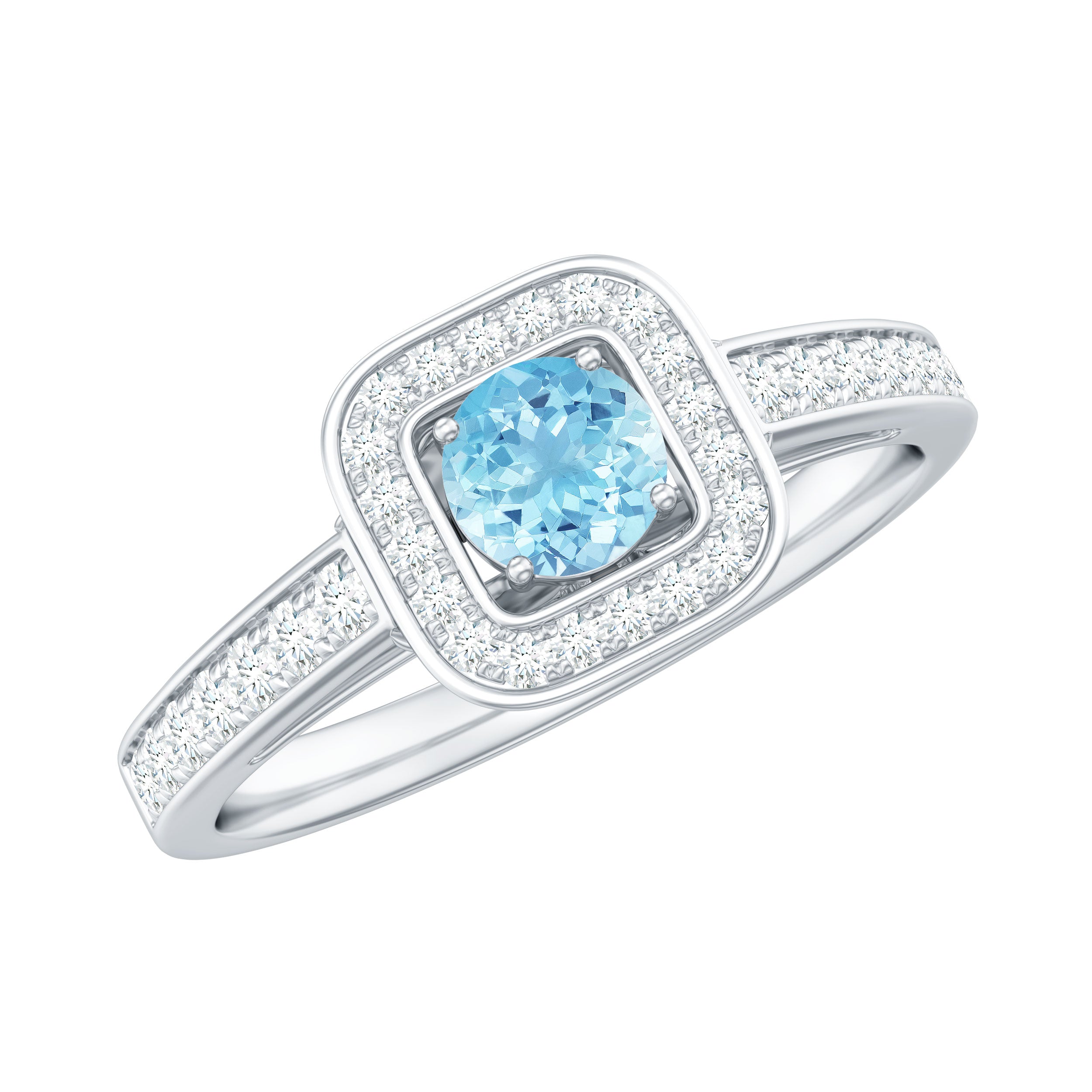 3/4 Carat Round Aquamarine and Diamond Halo Promise Ring Aquamarine - ( AAA ) - Quality - Rosec Jewels