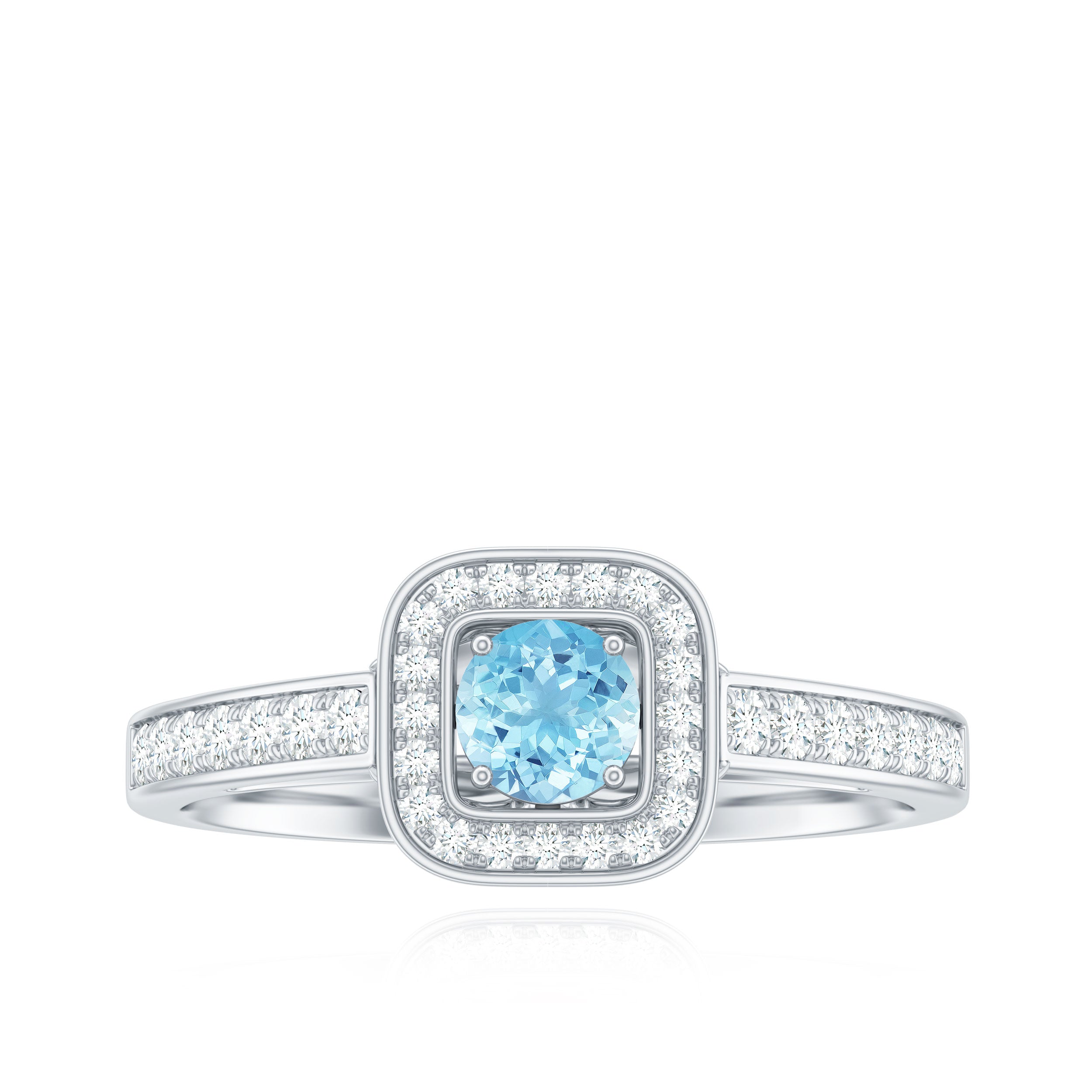 3/4 Carat Round Aquamarine and Diamond Halo Promise Ring Aquamarine - ( AAA ) - Quality - Rosec Jewels