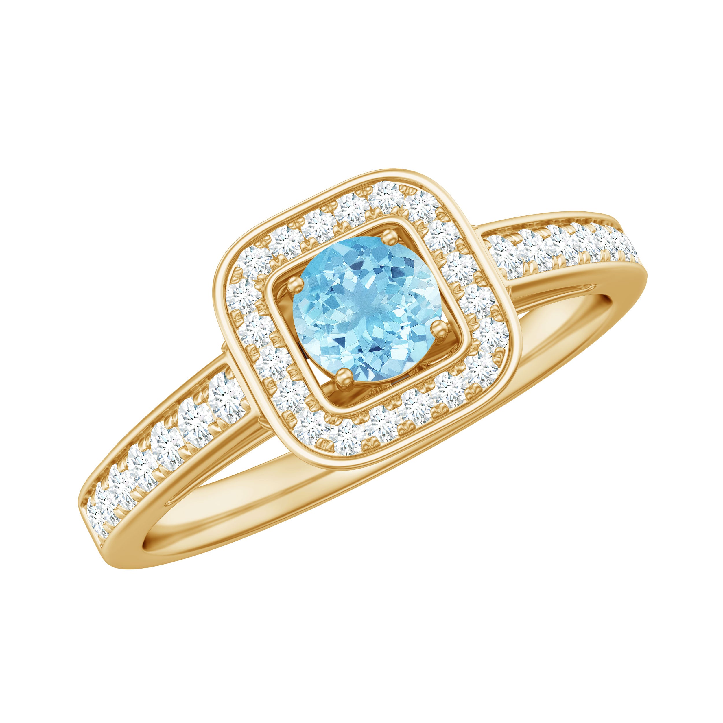 3/4 Carat Round Aquamarine and Diamond Halo Promise Ring Aquamarine - ( AAA ) - Quality - Rosec Jewels