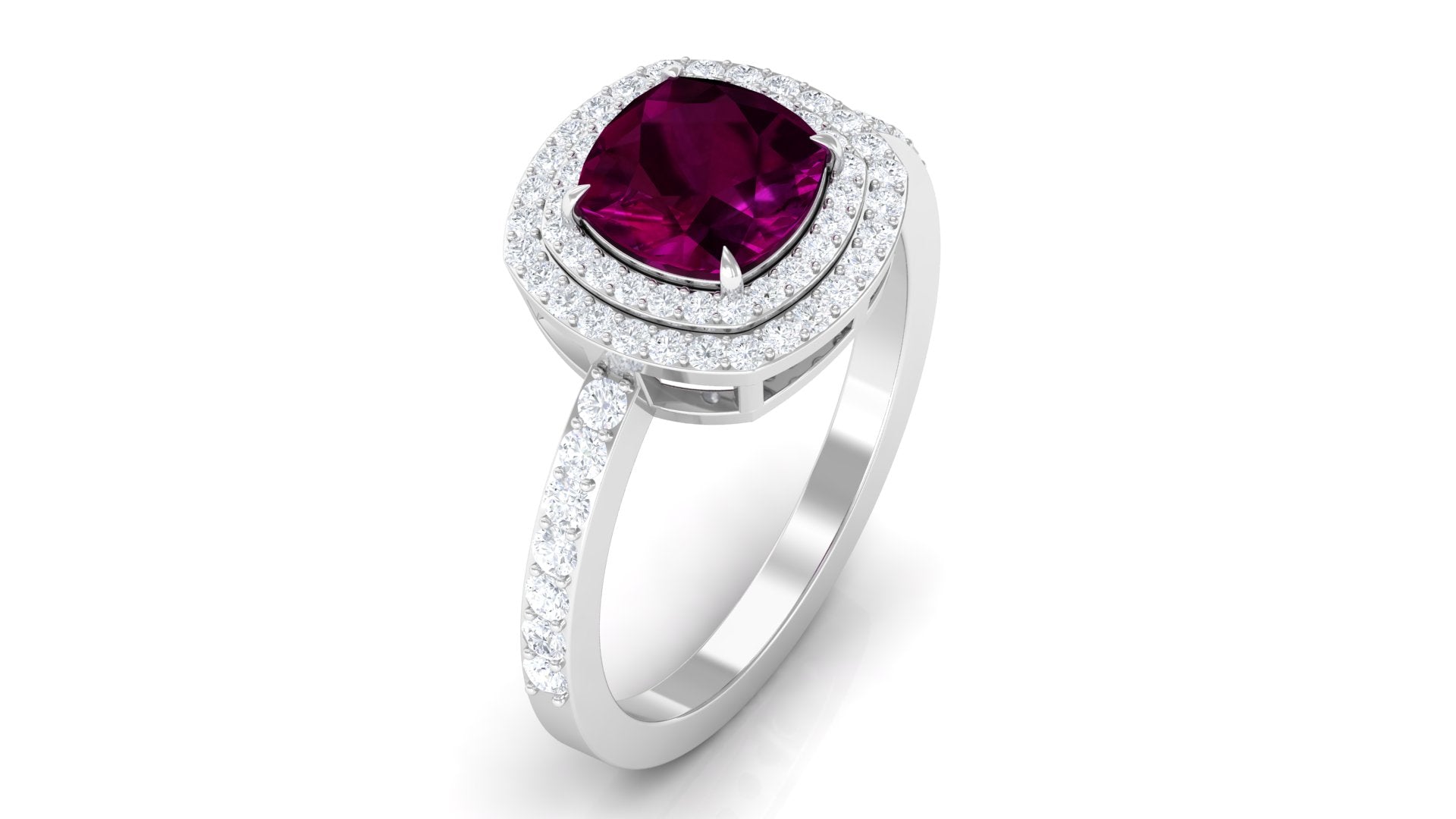 3.25 CT Cushion Shape Rhodolite Engagement Ring with Moissanite Double Halo Rhodolite - ( AAA ) - Quality - Rosec Jewels