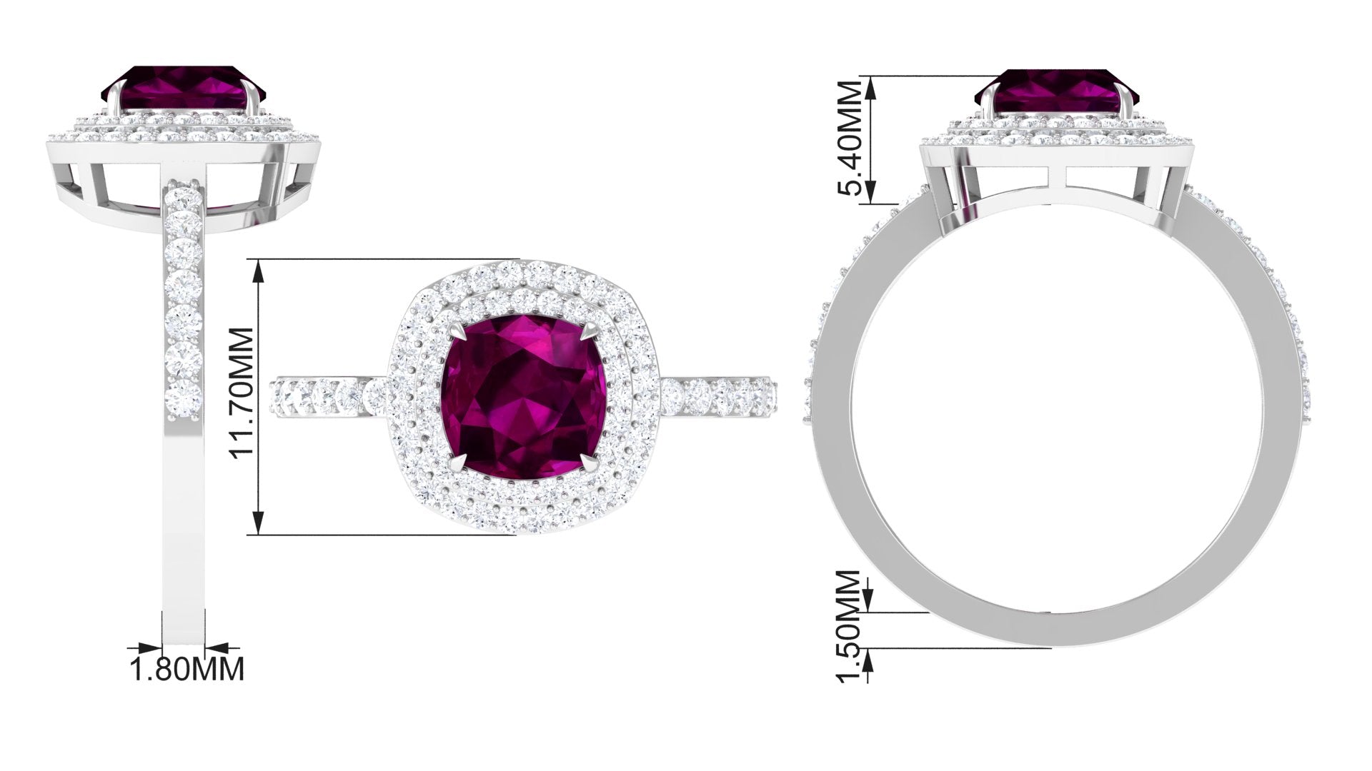 3.25 CT Cushion Shape Rhodolite Engagement Ring with Moissanite Double Halo Rhodolite - ( AAA ) - Quality - Rosec Jewels