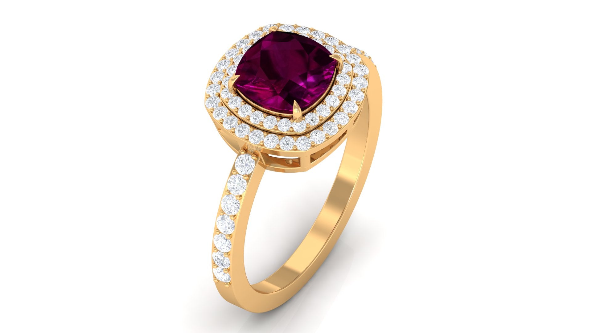 3.25 CT Cushion Shape Rhodolite Engagement Ring with Moissanite Double Halo Rhodolite - ( AAA ) - Quality - Rosec Jewels