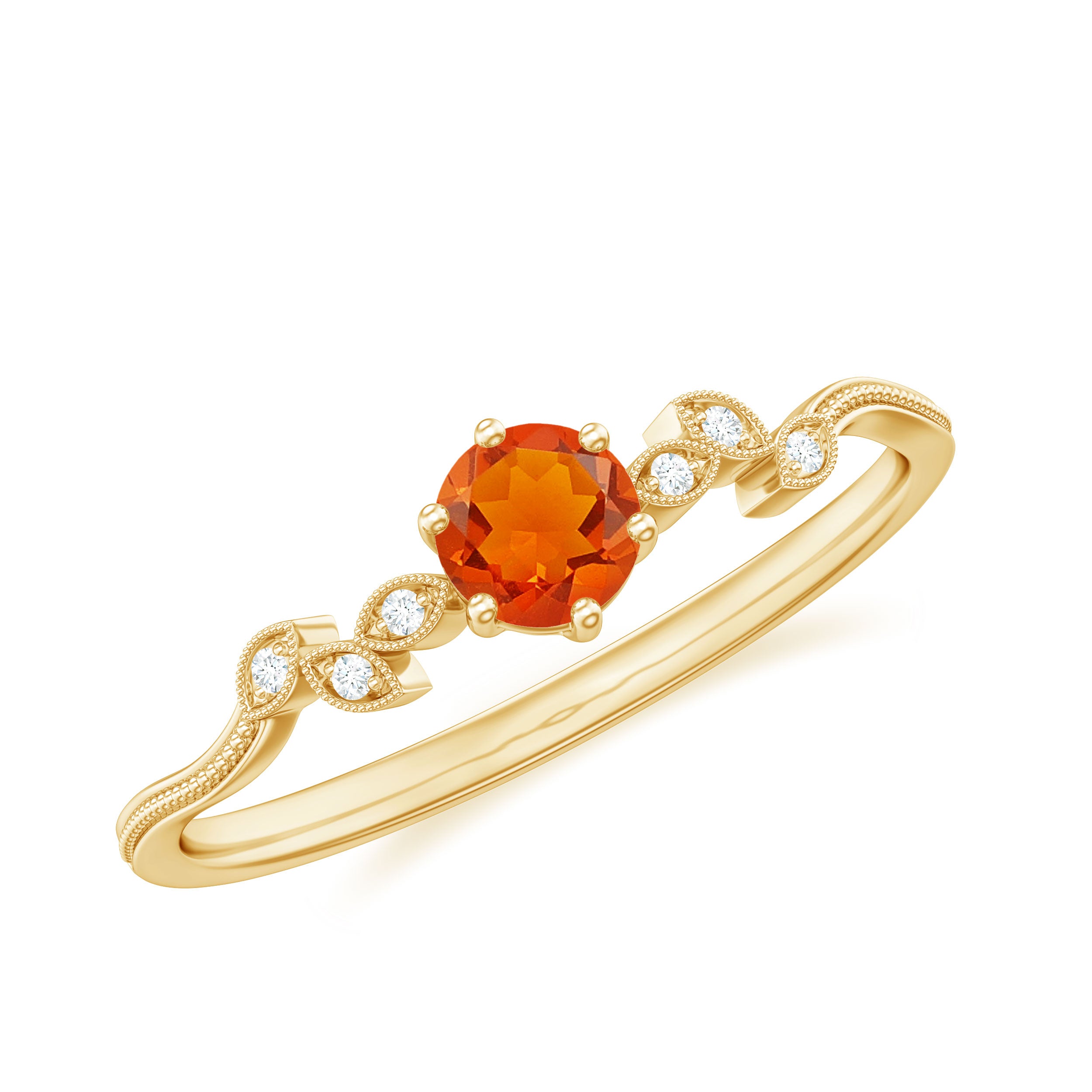 Round Fire Opal Minimal Leaf Promise Ring with Diamond in Gold Fire Opal - ( AAA ) - Quality - Rosec Jewels