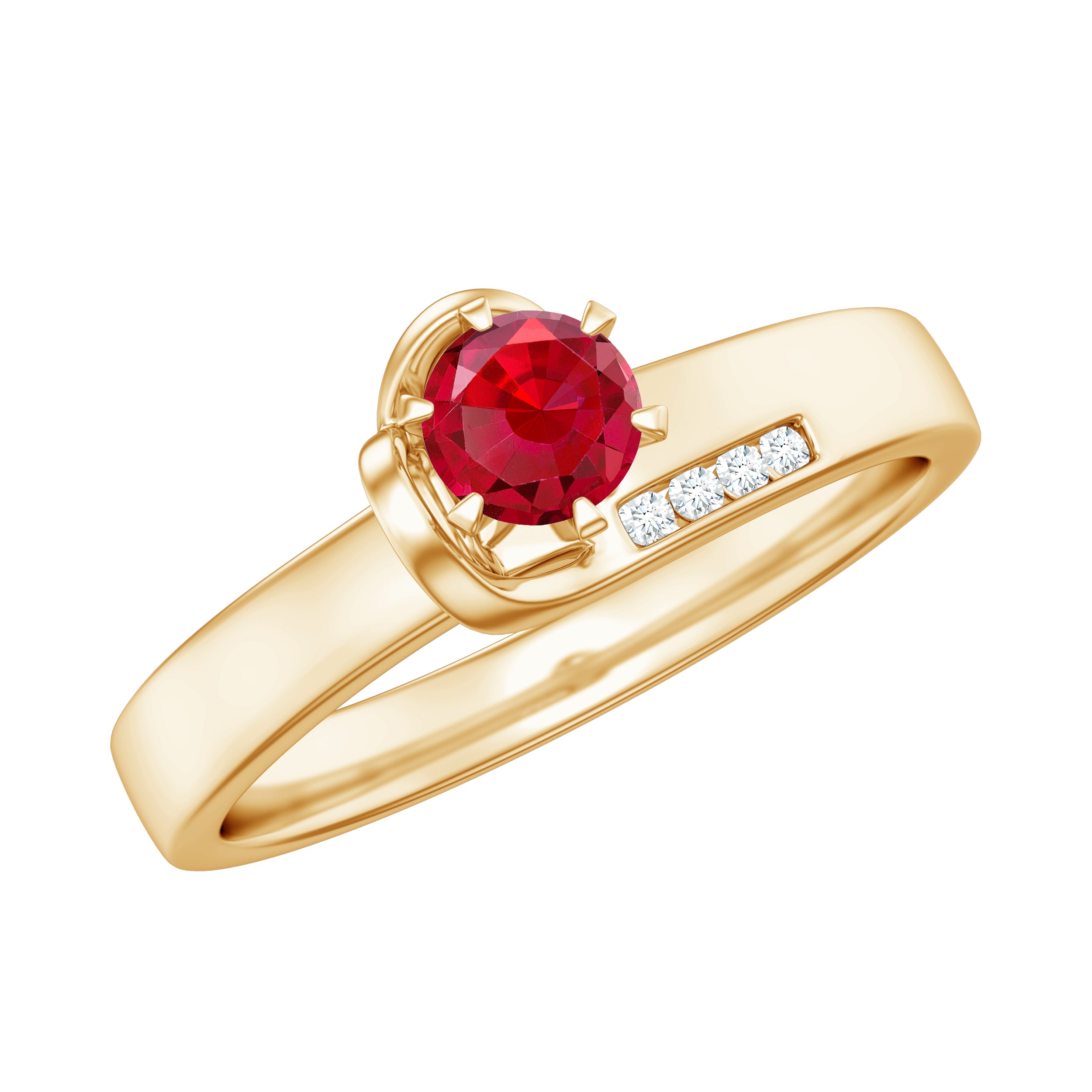 Created Ruby Solitaire Band Ring with Diamond Lab Created Ruby - ( AAAA ) - Quality - Rosec Jewels