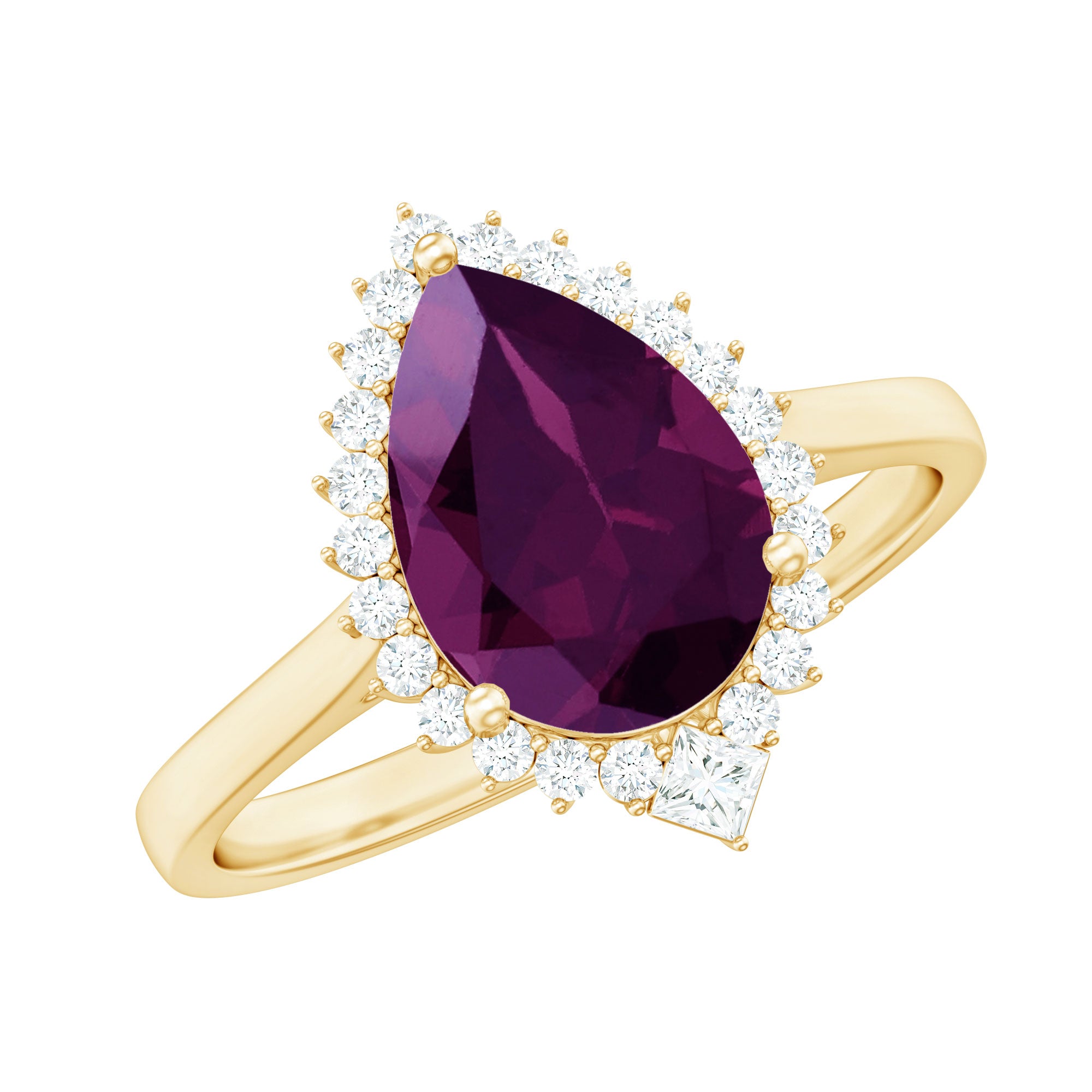 Pear Shaped Rhodolite Cocktail Halo Ring with Diamond Rhodolite - ( AAA ) - Quality - Rosec Jewels