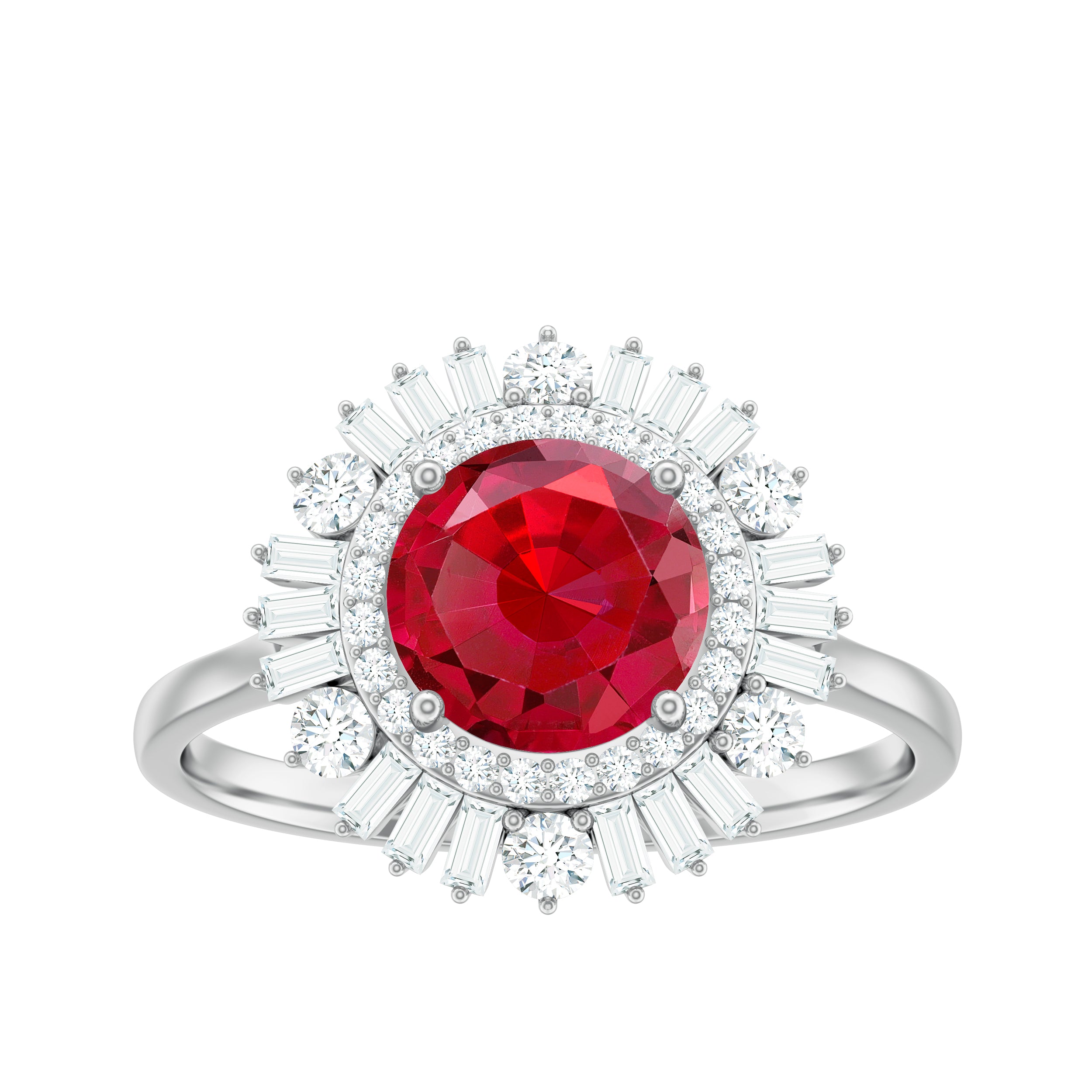 Round Created Ruby Cocktail Ring with Moissanite Double Halo Lab Created Ruby - ( AAAA ) - Quality - Rosec Jewels