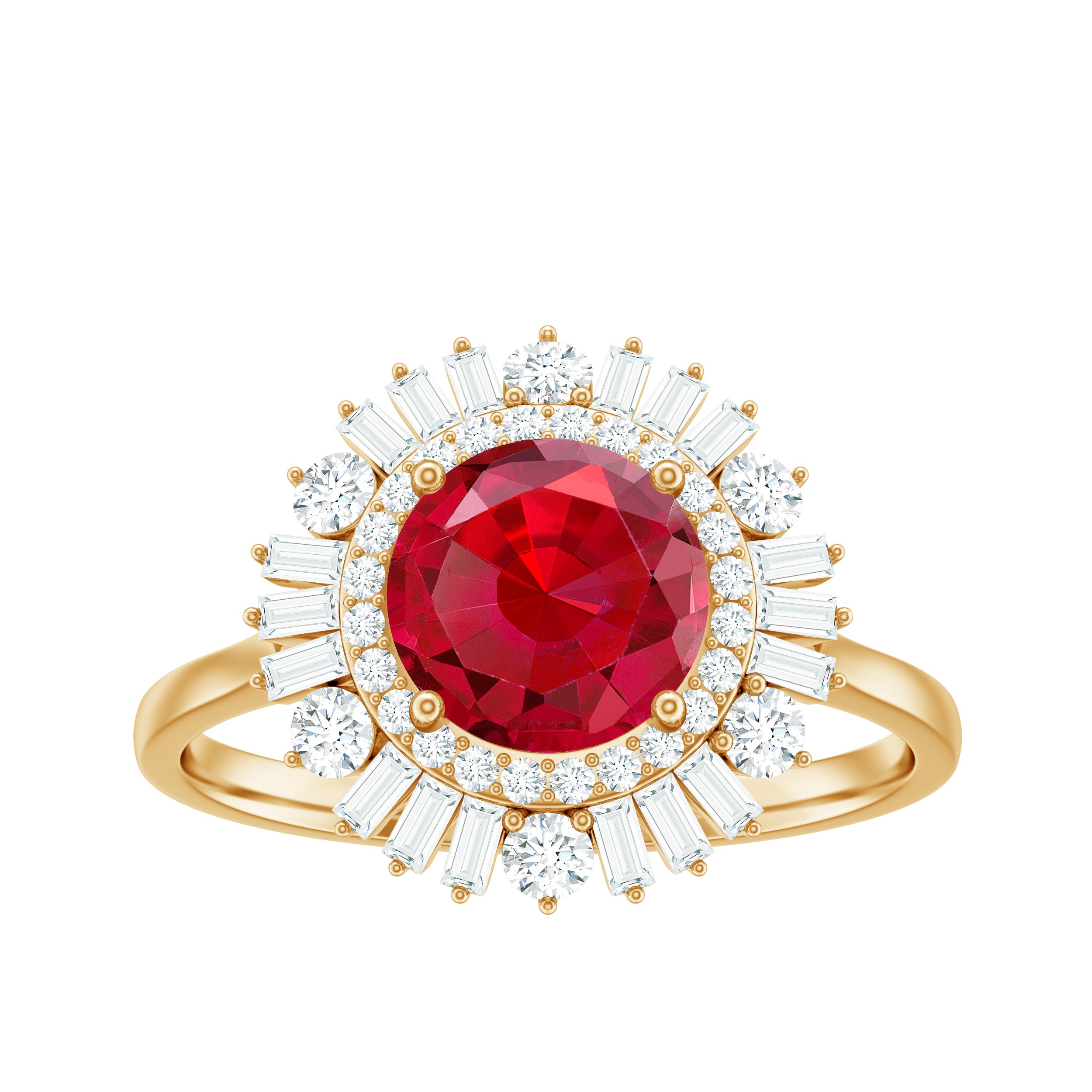 Round Created Ruby Cocktail Ring with Moissanite Double Halo Lab Created Ruby - ( AAAA ) - Quality - Rosec Jewels