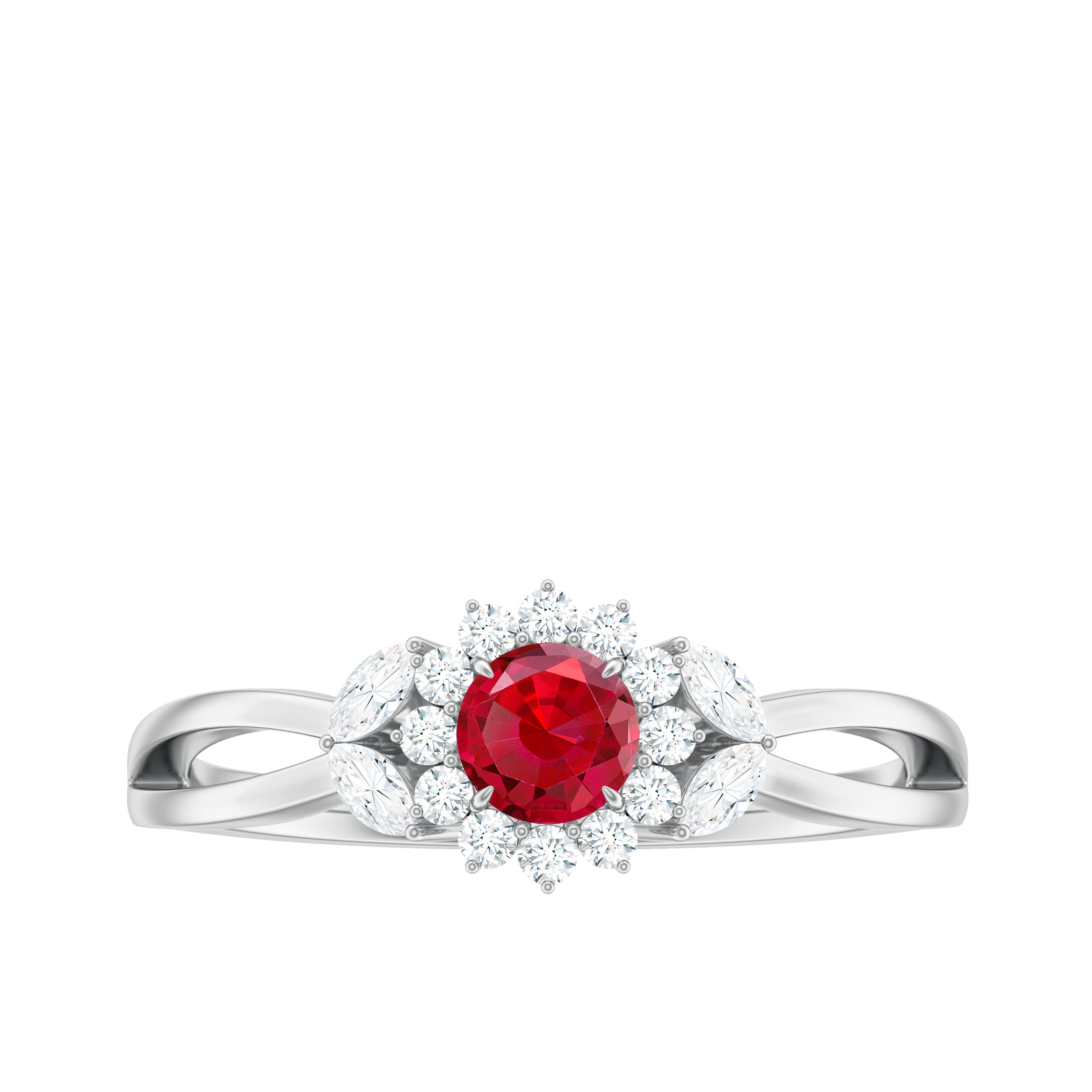 Split Shank Created Ruby Flower Engagement Ring with Diamond Lab Created Ruby - ( AAAA ) - Quality - Rosec Jewels