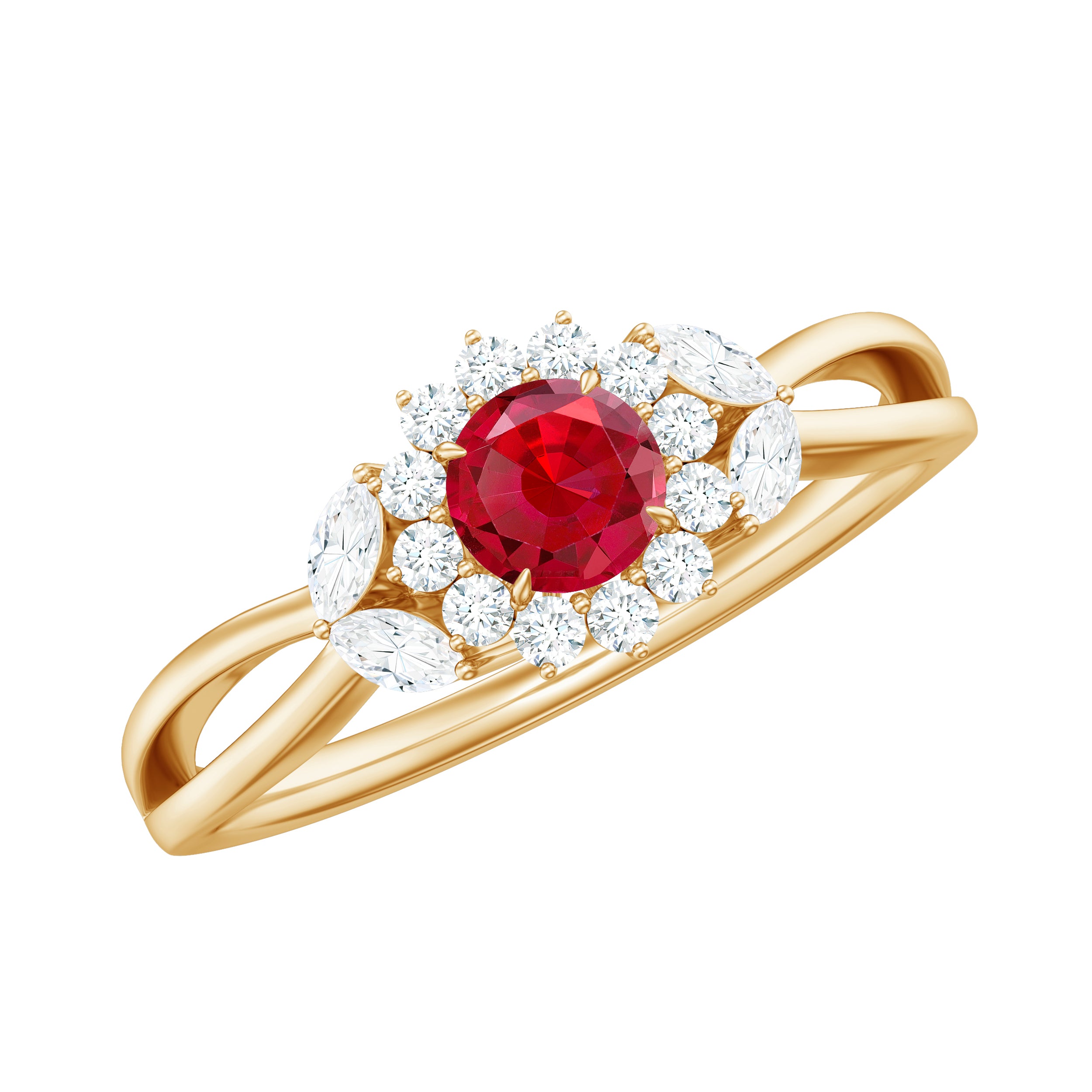 Split Shank Created Ruby Flower Engagement Ring with Diamond Lab Created Ruby - ( AAAA ) - Quality - Rosec Jewels