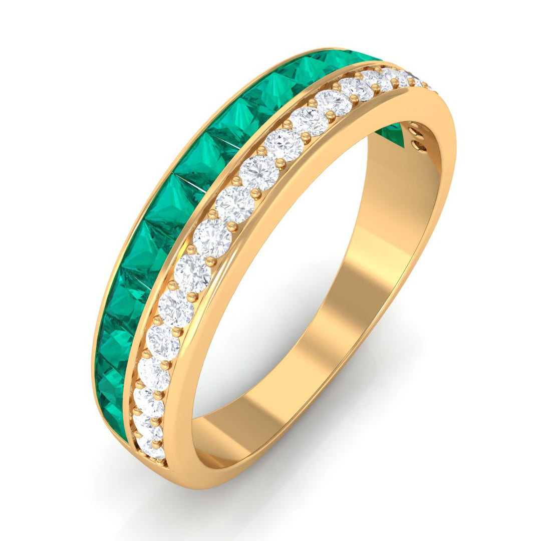 1 CT Natural Emerald and Diamond Half Eternity Ring Emerald - ( AAA ) - Quality - Rosec Jewels