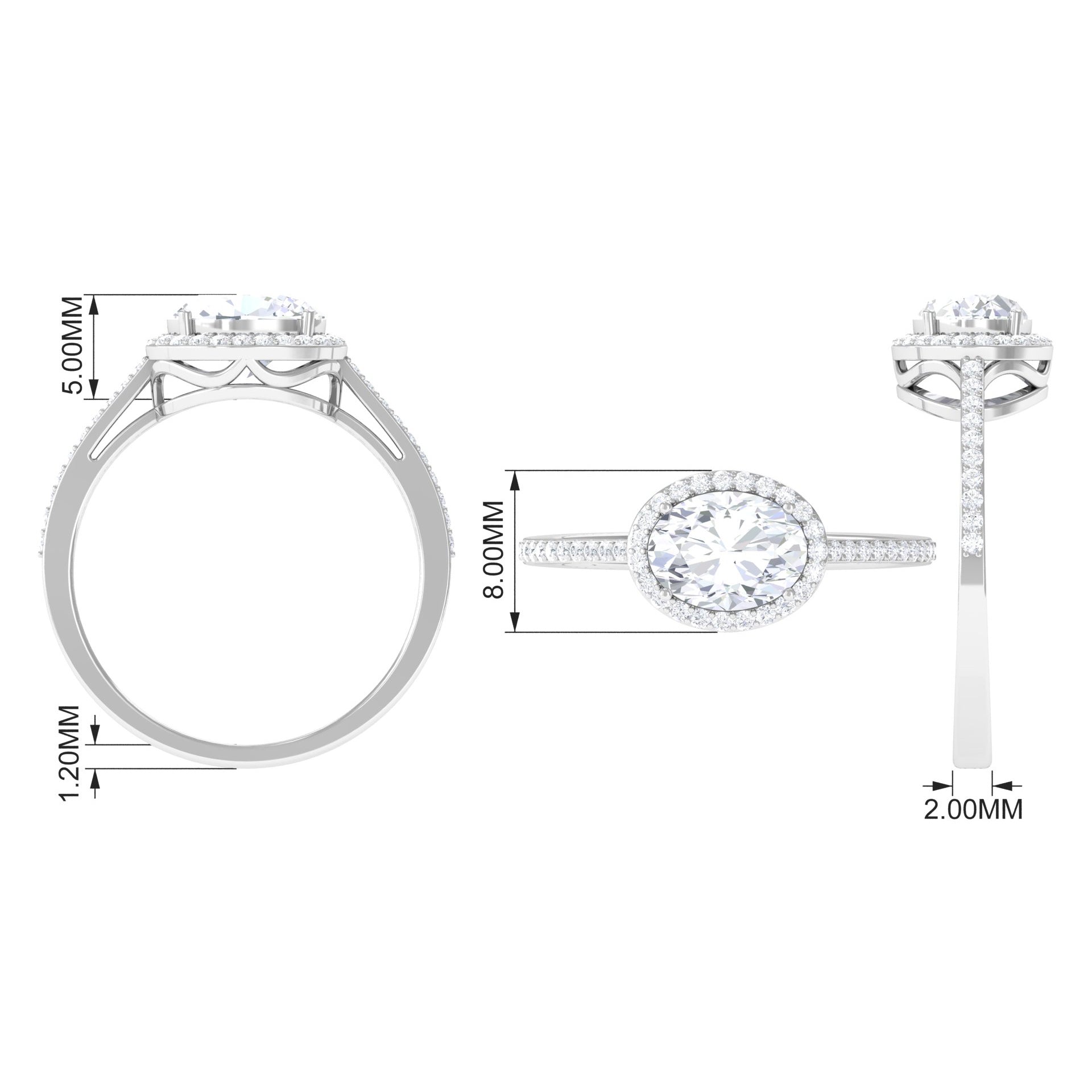 East West Halo Engagement Ring with Oval Moissanite Moissanite - ( D-VS1 ) - Color and Clarity - Rosec Jewels