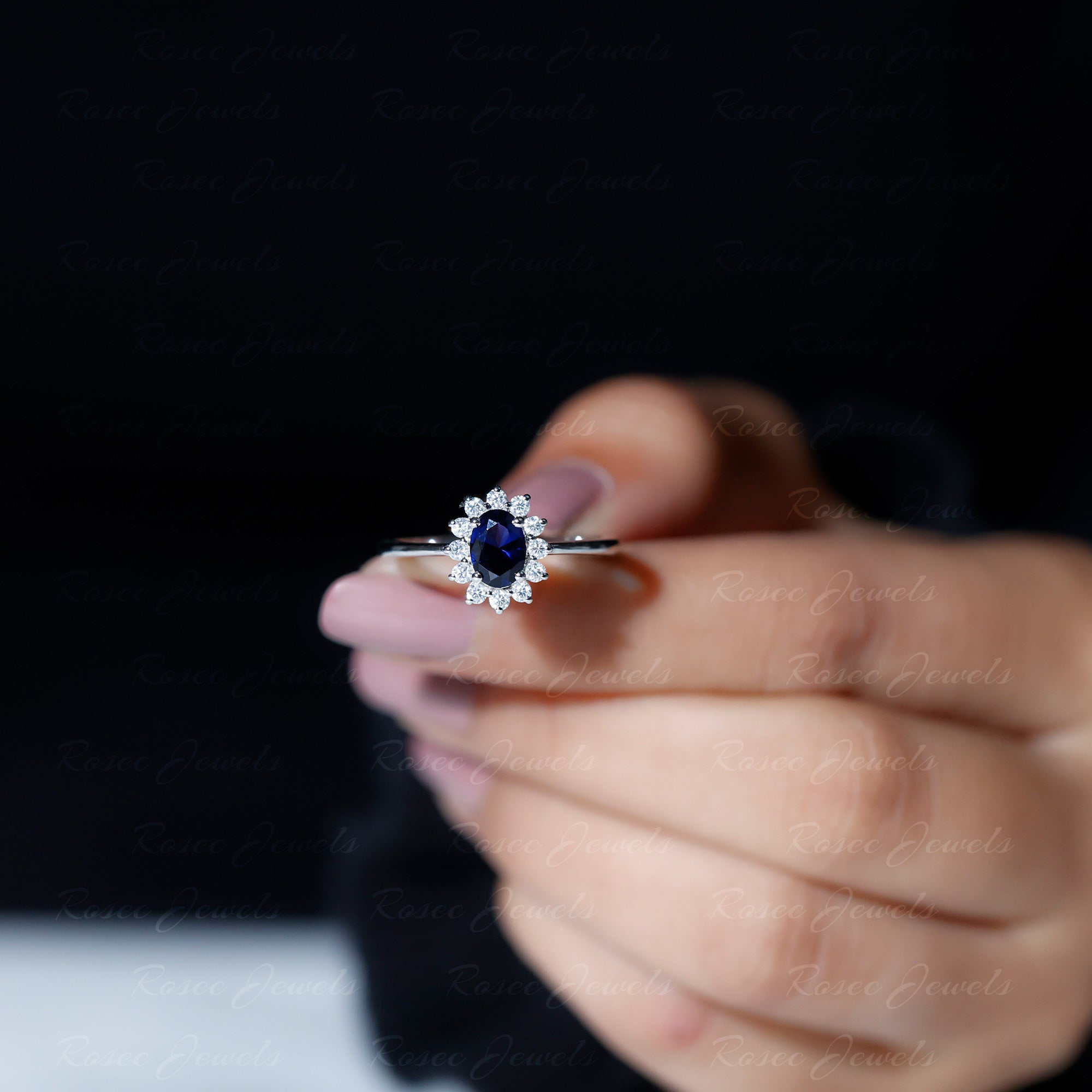 Princess Diana Inspired Lab Grown Blue Sapphire Engagement Ring with Diamond Lab Created Blue Sapphire - ( AAAA ) - Quality - Rosec Jewels