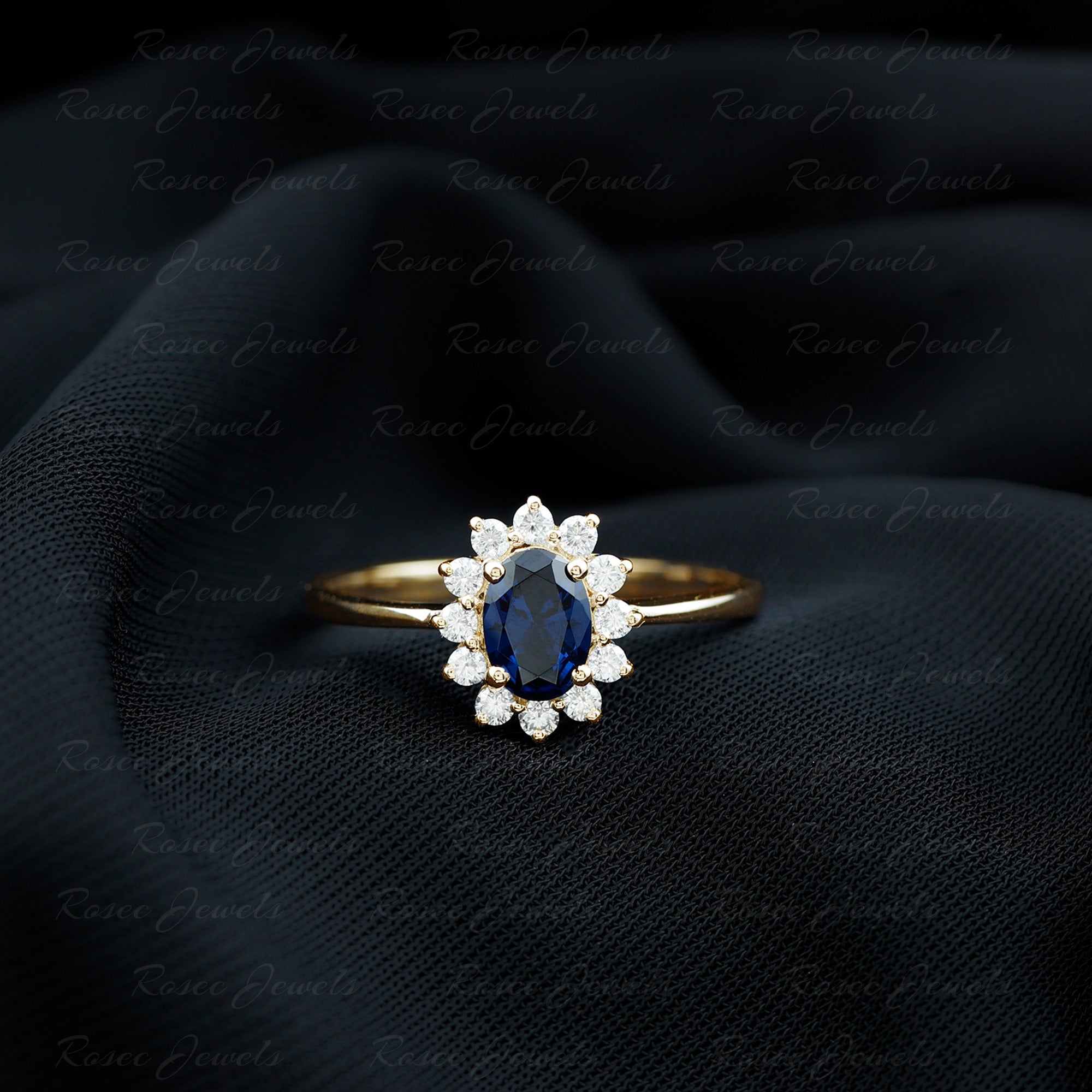 Princess Diana Inspired Lab Grown Blue Sapphire Engagement Ring with Diamond Lab Created Blue Sapphire - ( AAAA ) - Quality - Rosec Jewels