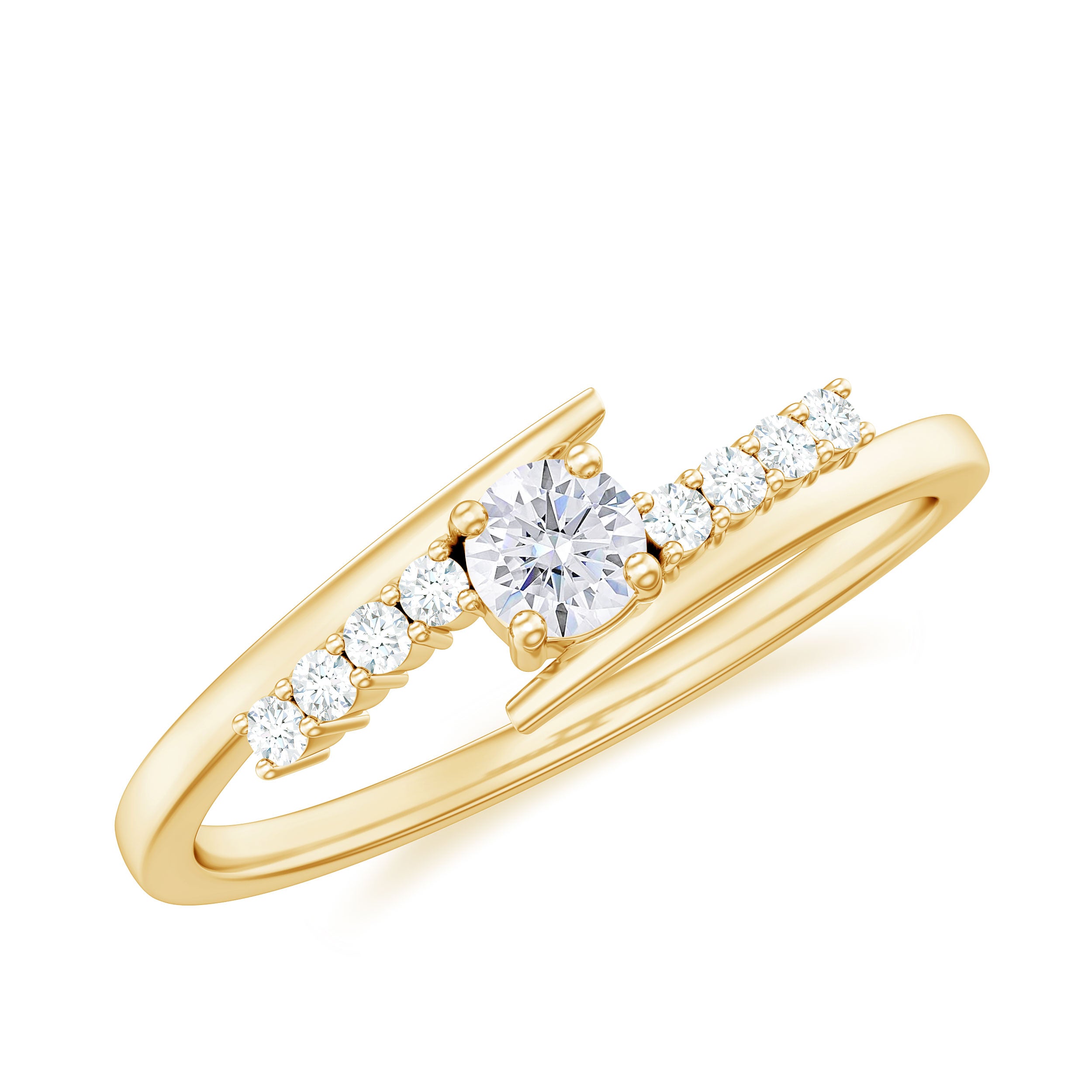 Certified Moissanite Round Bypass Promise Ring in Gold Moissanite - ( D-VS1 ) - Color and Clarity - Rosec Jewels