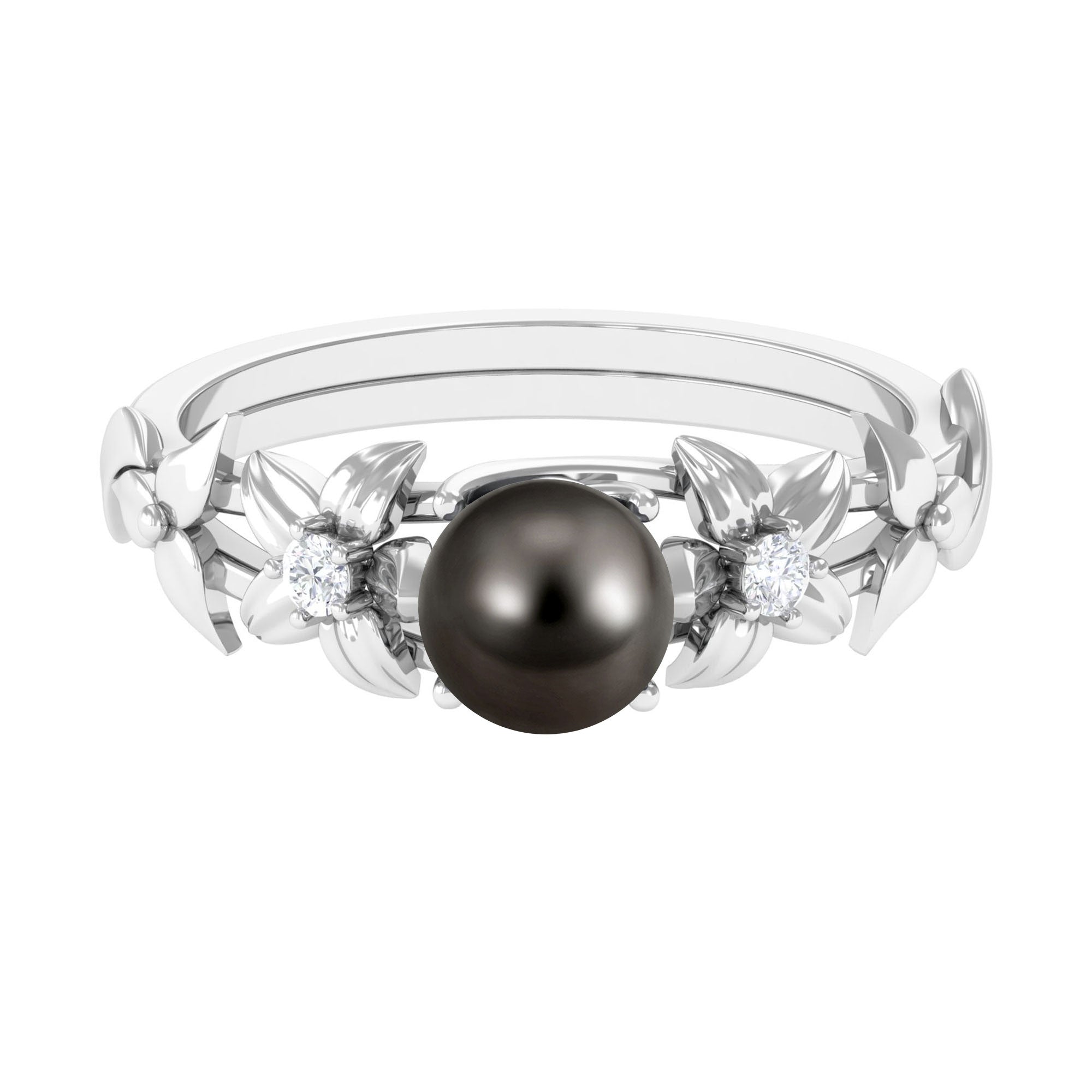 2.50 CT Black Tahitian Pearl Flower Engagement Ring with Diamond Tahitian pearl - ( AAA ) - Quality - Rosec Jewels