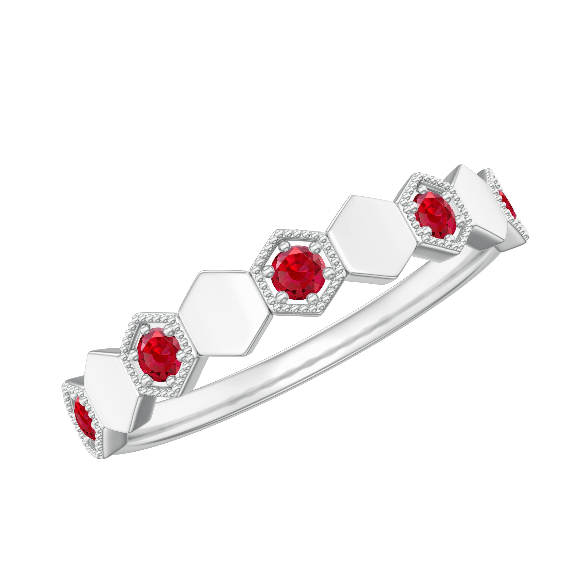 Lab-Created Ruby Hexagon Eternity Ring with Beaded Gold Lab Created Ruby - ( AAAA ) - Quality - Rosec Jewels