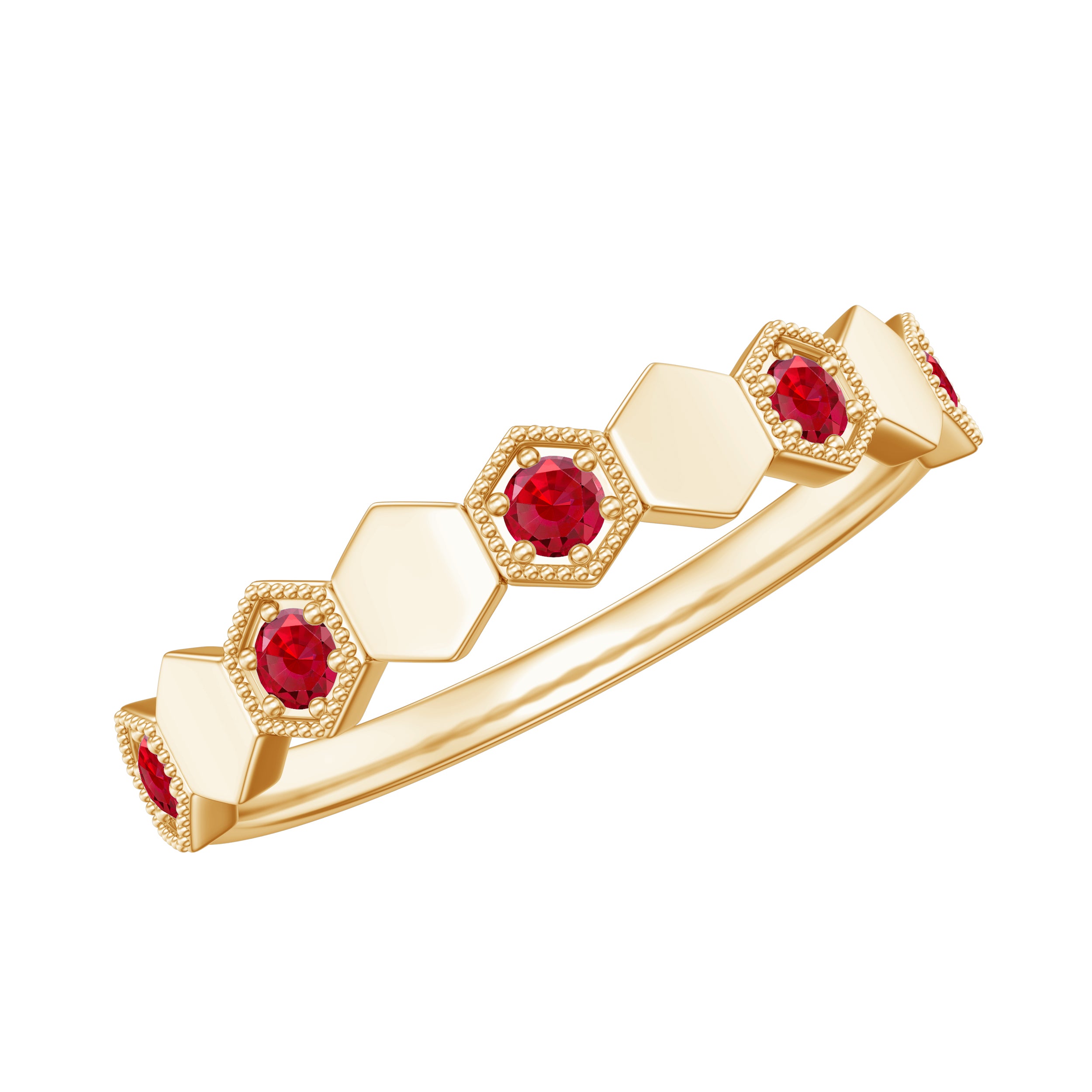 Lab-Created Ruby Hexagon Eternity Ring with Beaded Gold Lab Created Ruby - ( AAAA ) - Quality - Rosec Jewels