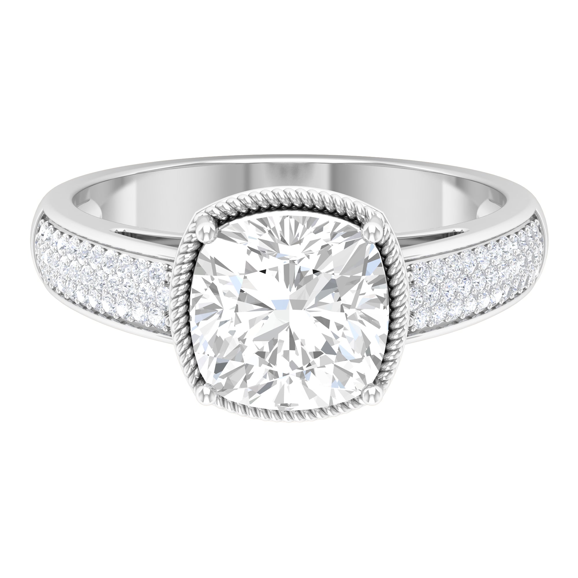 3.75 CT Cushion Cut Moissanite Solitaire Ring with Side Stones Moissanite - ( D-VS1 ) - Color and Clarity - Rosec Jewels