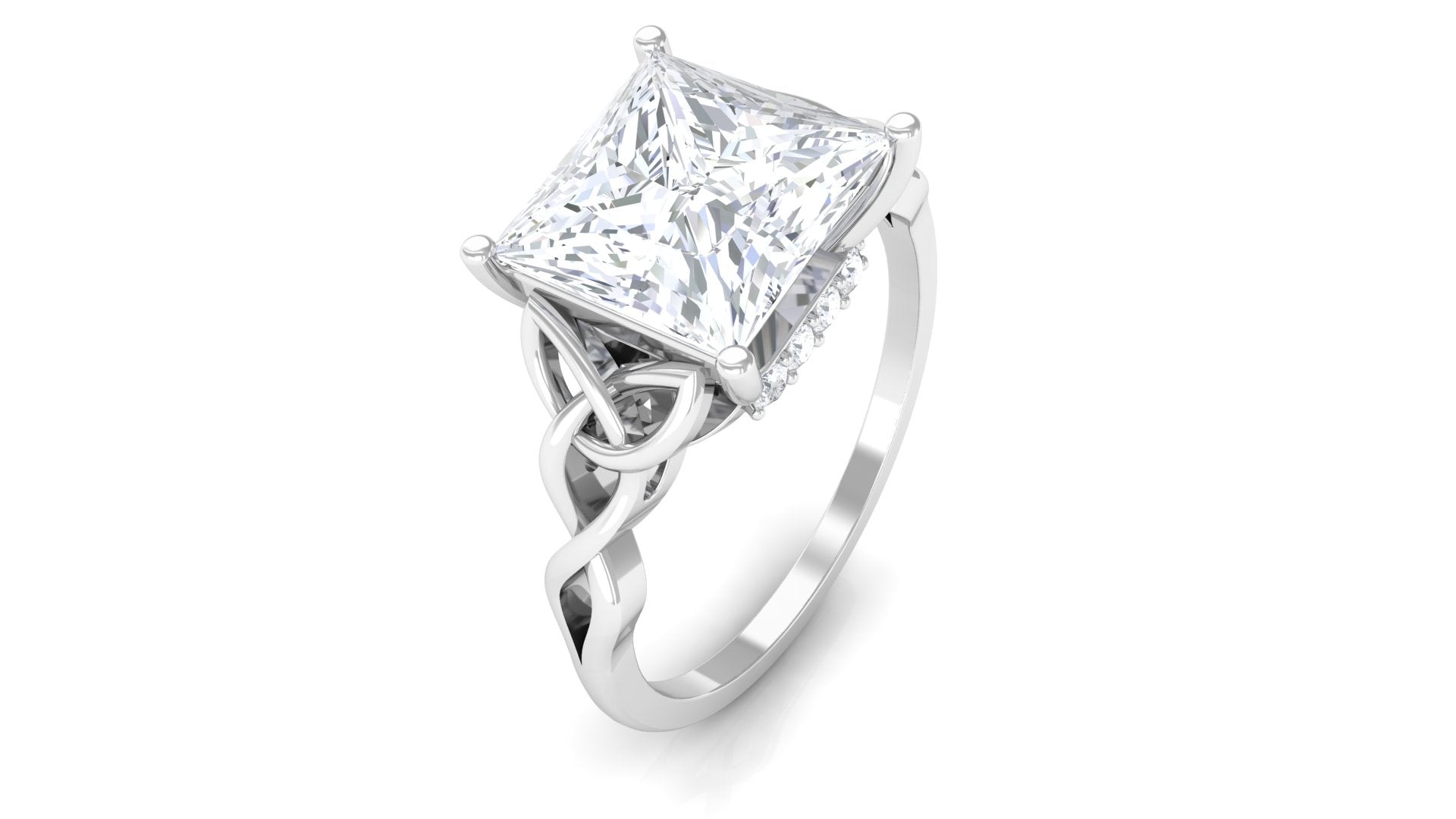 Princess Cut Moissanite Solitaire Celtic Ring with Hidden Halo Moissanite - ( D-VS1 ) - Color and Clarity - Rosec Jewels