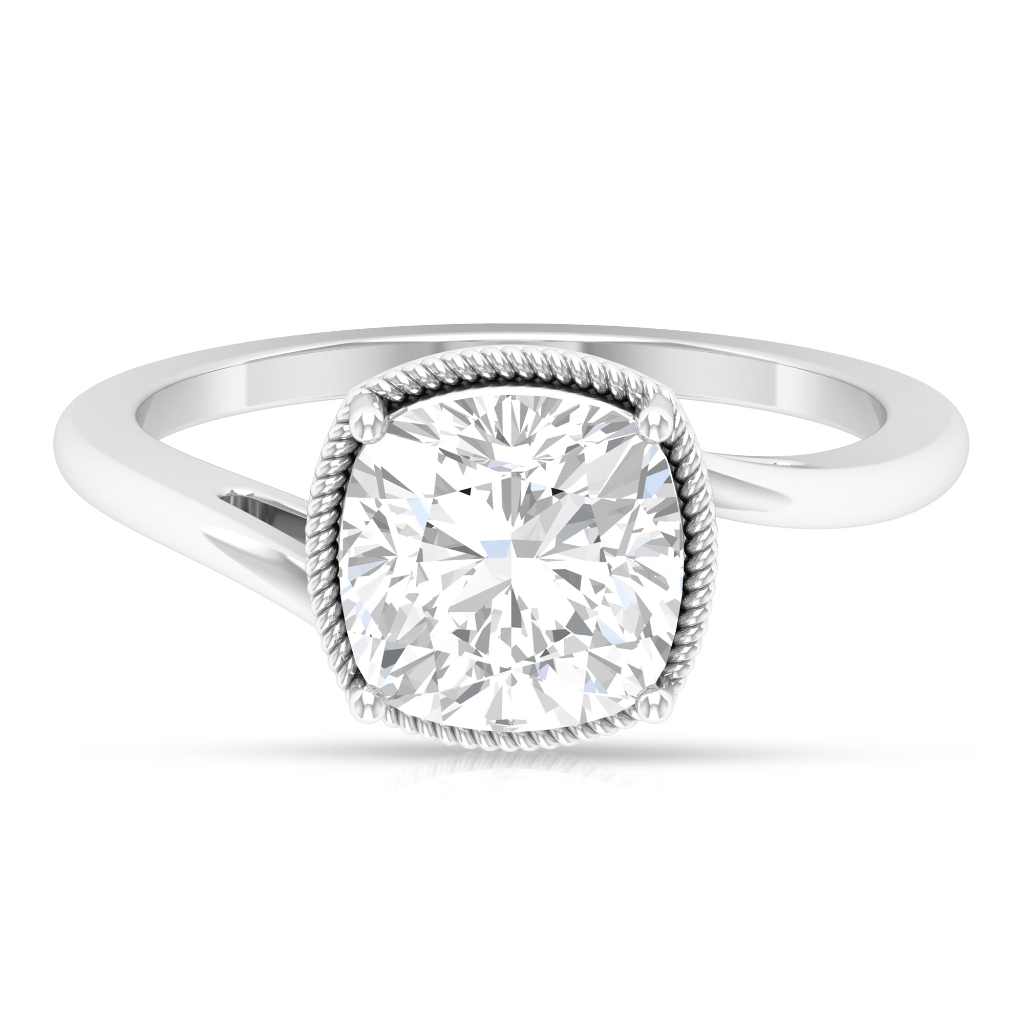 8 MM Cushion Cut Moissanite Solitaire Bypass Ring with Rope Frame Moissanite - ( D-VS1 ) - Color and Clarity - Rosec Jewels