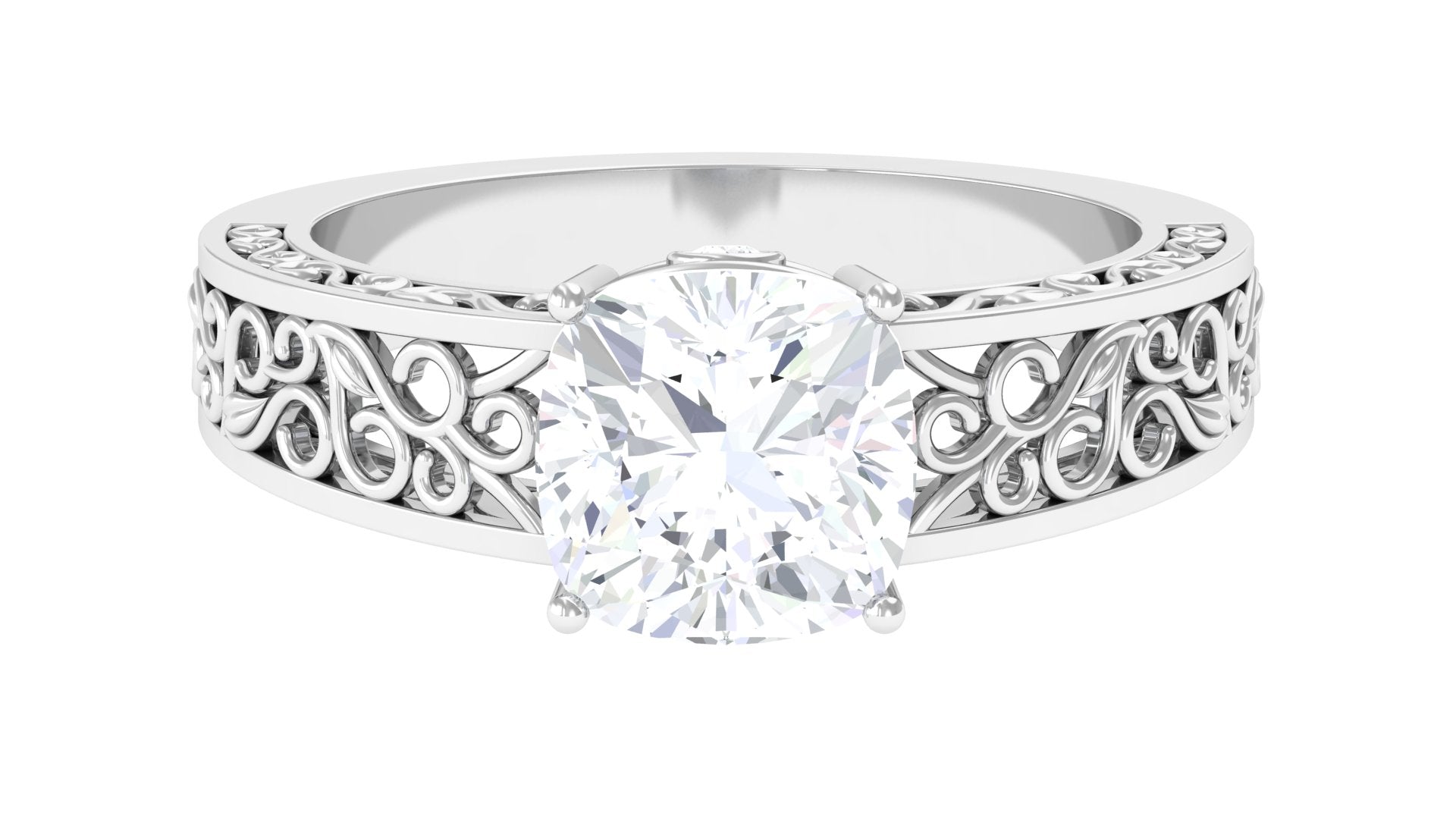 2 CT Cushion Cut Moissanite Solitaire Ring with Filigree Details Moissanite - ( D-VS1 ) - Color and Clarity - Rosec Jewels