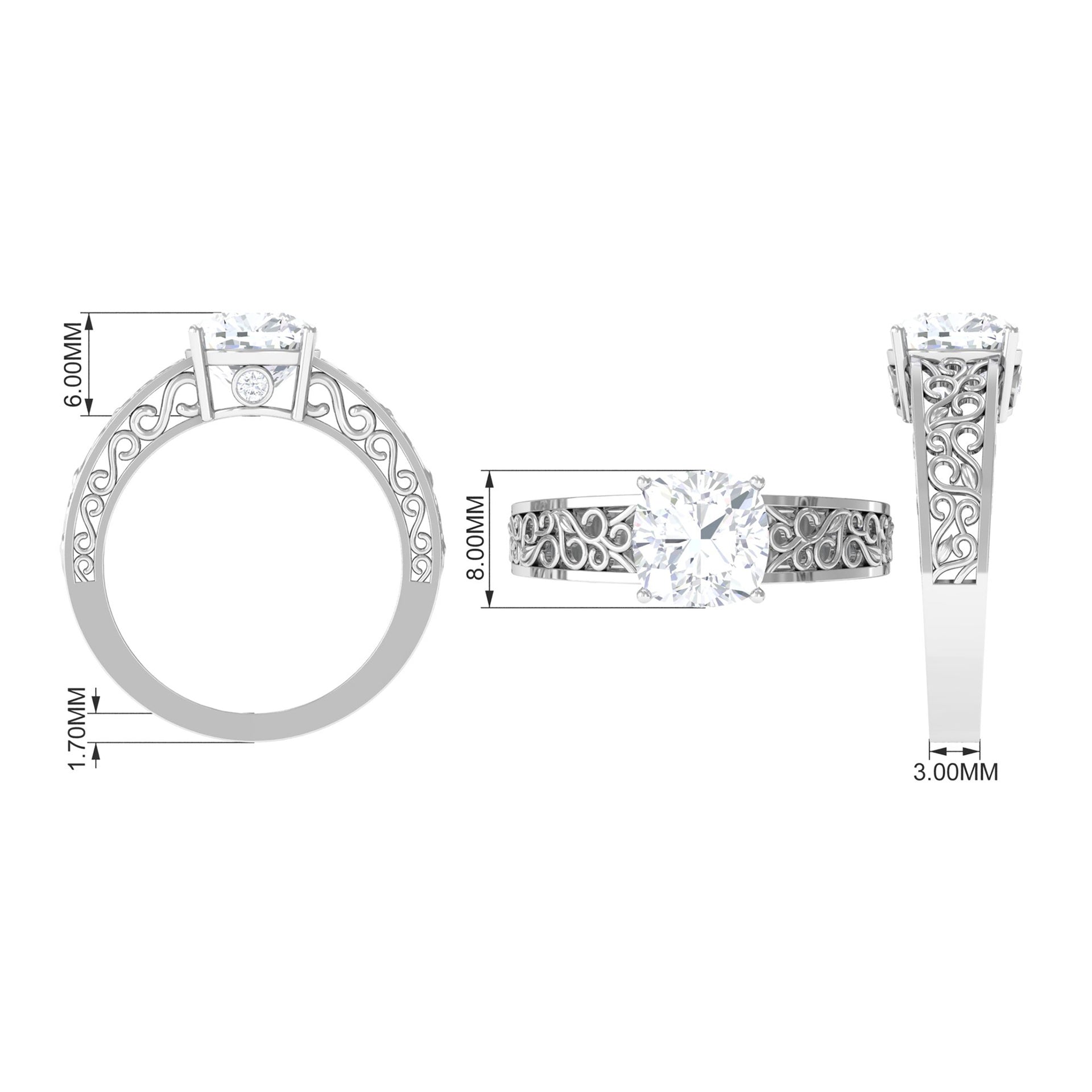 2 CT Cushion Cut Moissanite Solitaire Ring with Filigree Details Moissanite - ( D-VS1 ) - Color and Clarity - Rosec Jewels