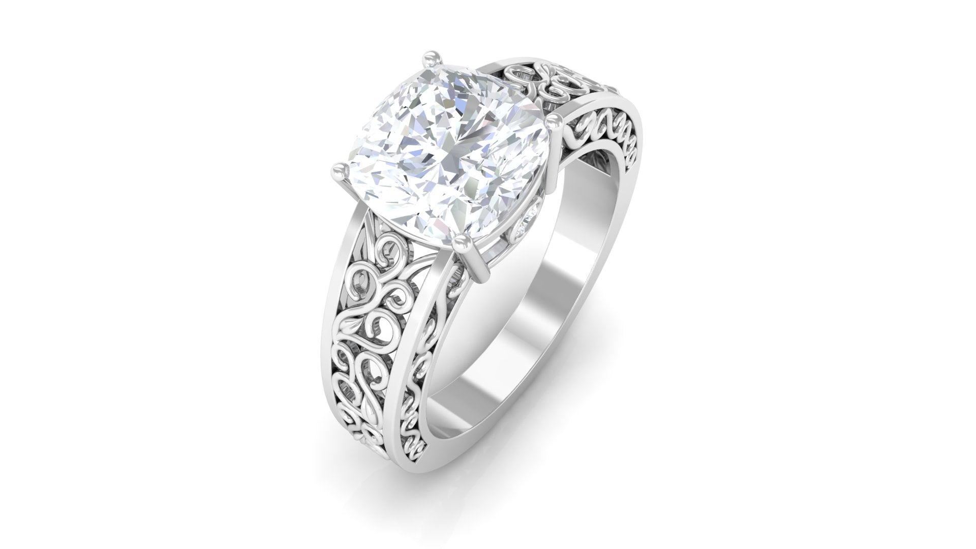 2 CT Cushion Cut Moissanite Solitaire Ring with Filigree Details Moissanite - ( D-VS1 ) - Color and Clarity - Rosec Jewels