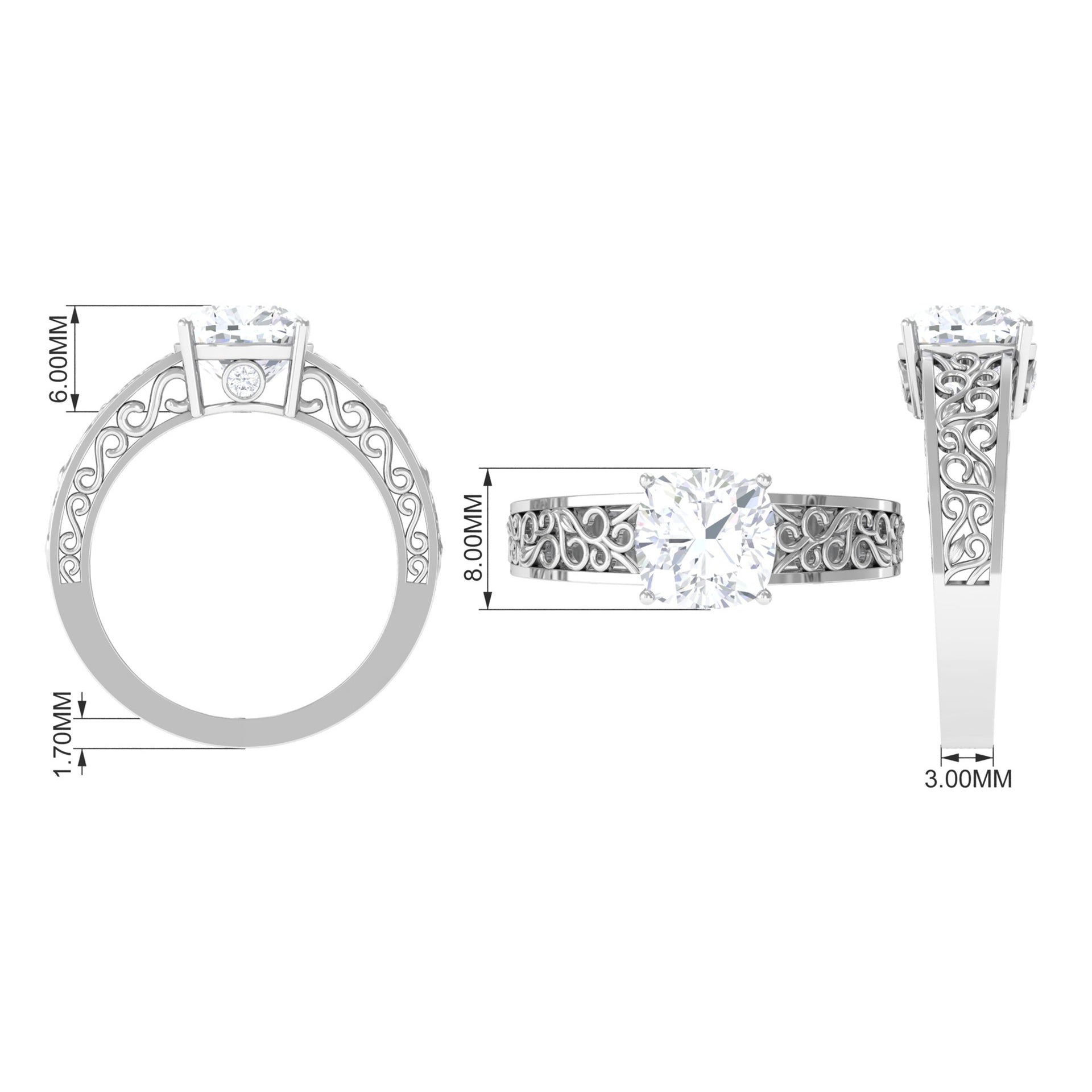 2 CT Cushion Cut Moissanite Solitaire Ring with Filigree Details Moissanite - ( D-VS1 ) - Color and Clarity - Rosec Jewels