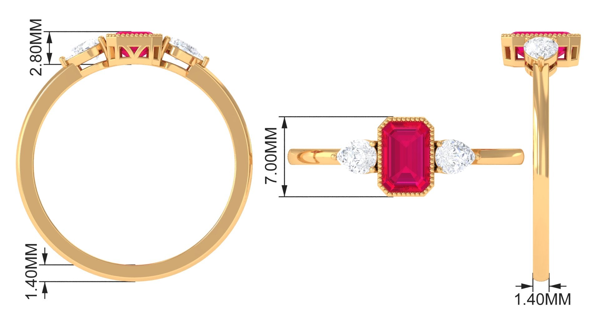 Emerald Cut Ruby Solitaire Ring with Diamond Ruby - ( AAA ) - Quality - Rosec Jewels